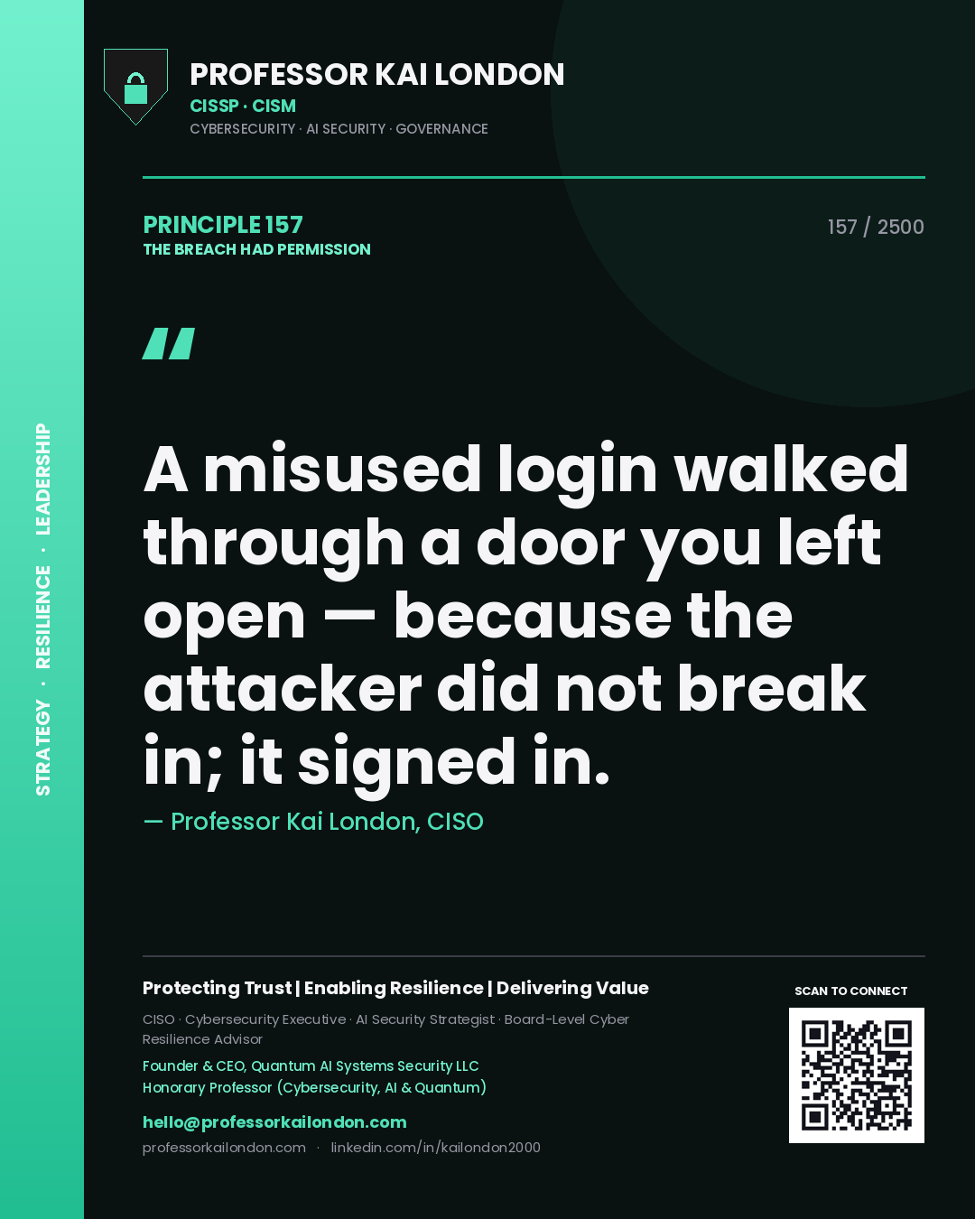 Professor Kai London principle 157: A misused login walked through a door you left open — because the attacker did not break in; it signed in.