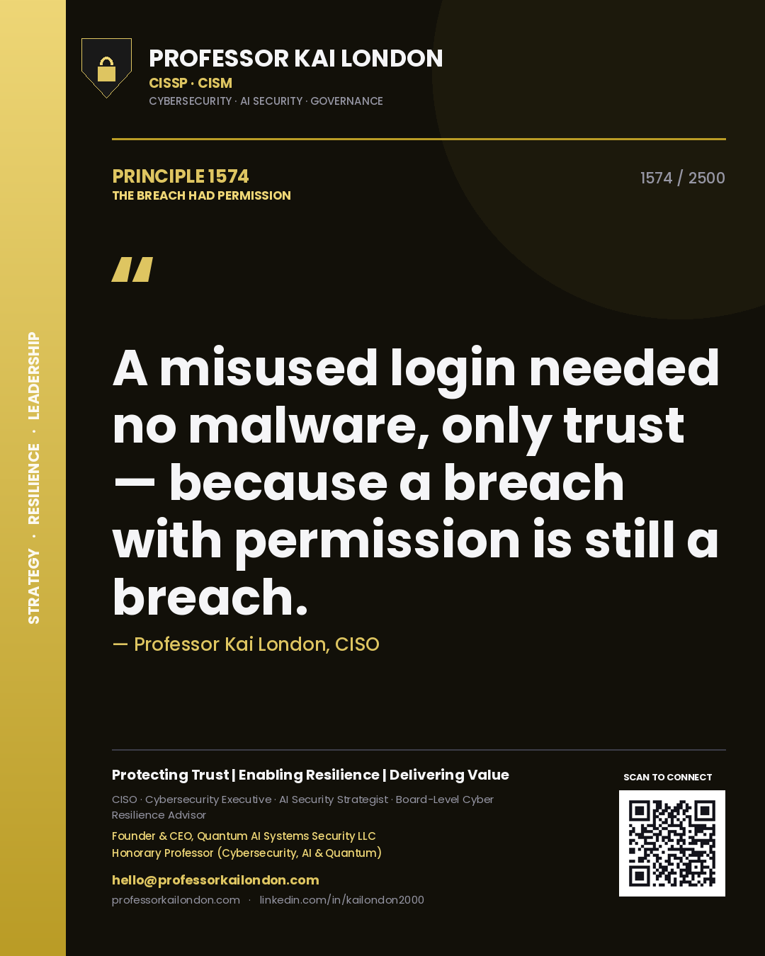 Quote card by Professor Kai London reading 'A misused login needed no malware, only trust — because a breach with permission is still a breach.'. From the book The Breach Had Permission.