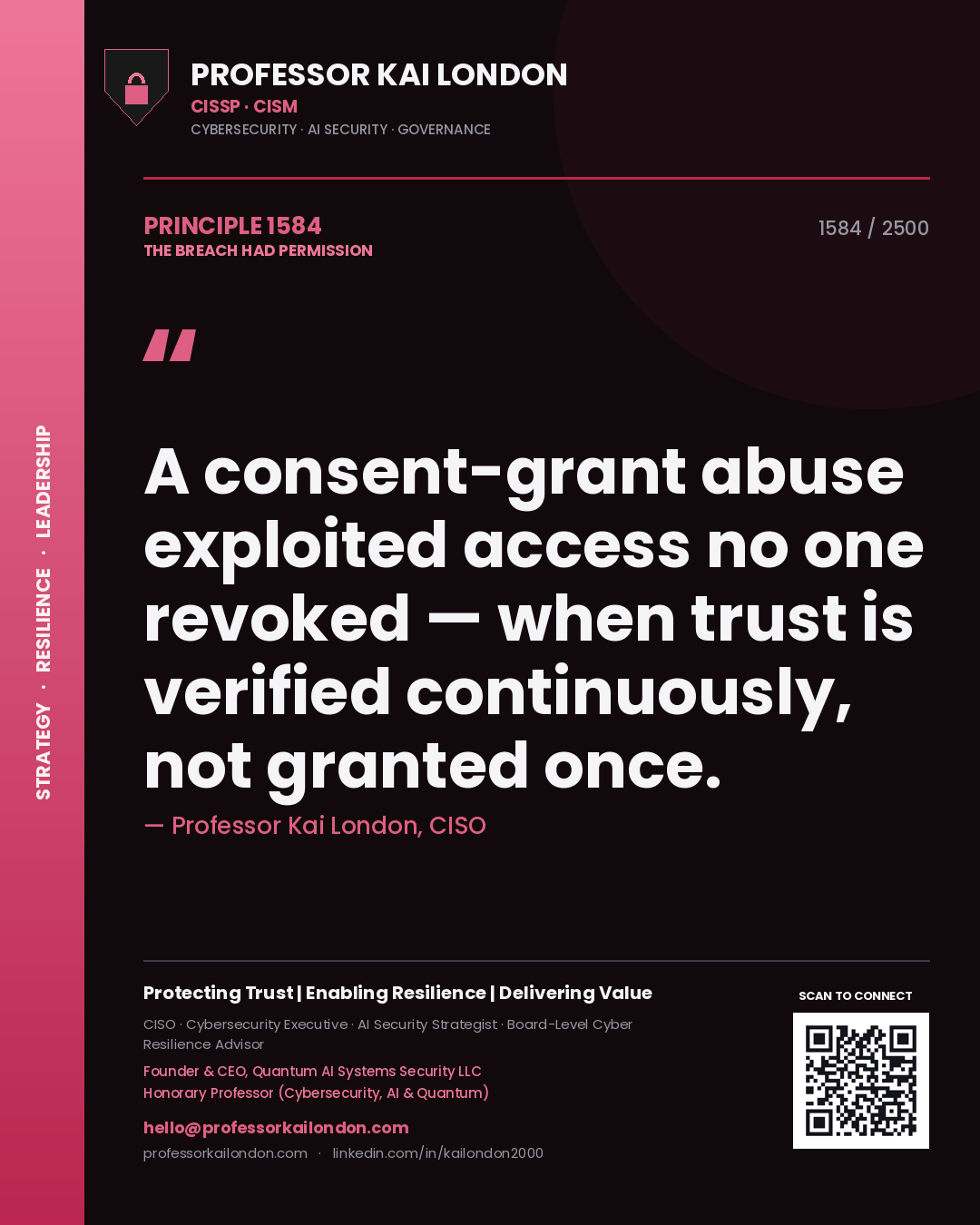 Quote card by Professor Kai London reading 'A consent-grant abuse exploited access no one revoked — when trust is verified continuously, not granted once.'. From the book The Breach Had Permission.