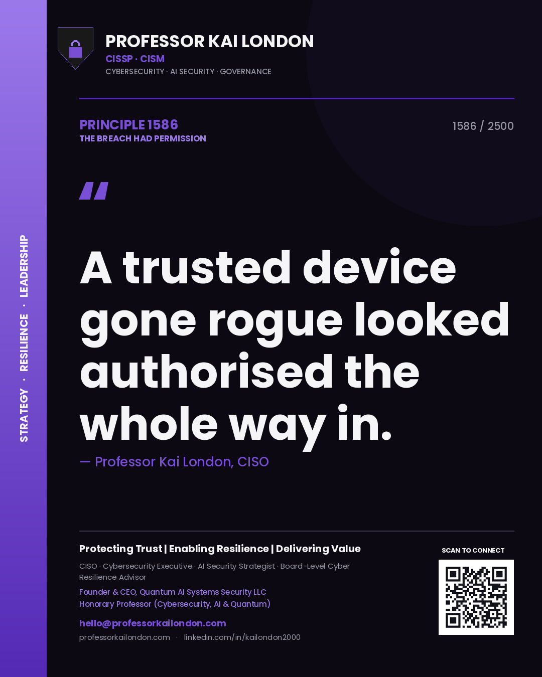Quote card by Professor Kai London reading 'A trusted device gone rogue looked authorised the whole way in.'. From the book The Breach Had Permission.