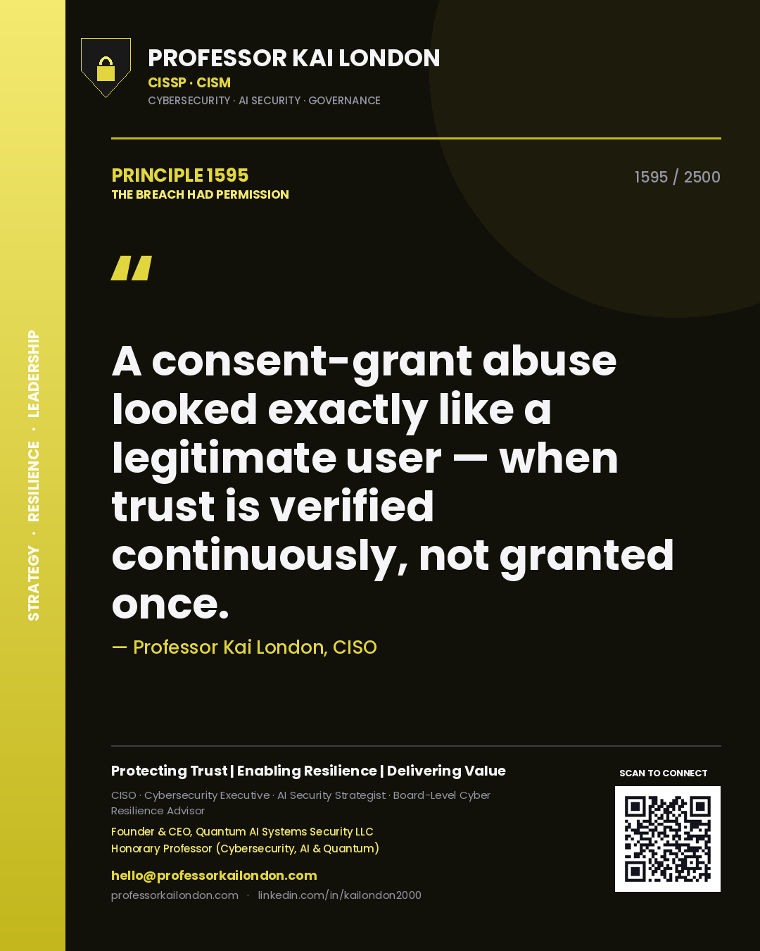 Quote card by Professor Kai London reading 'A consent-grant abuse looked exactly like a legitimate user — when trust is verified continuously, not granted once.'. From the book The Breach Had Permission.