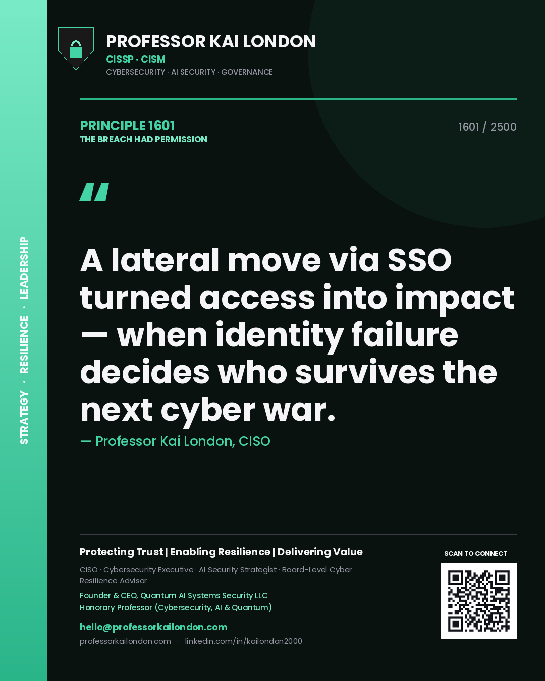 Quote card by Professor Kai London reading 'A lateral move via SSO turned access into impact — when identity failure decides who survives the next cyber war.'. From the book The Breach Had Permission.