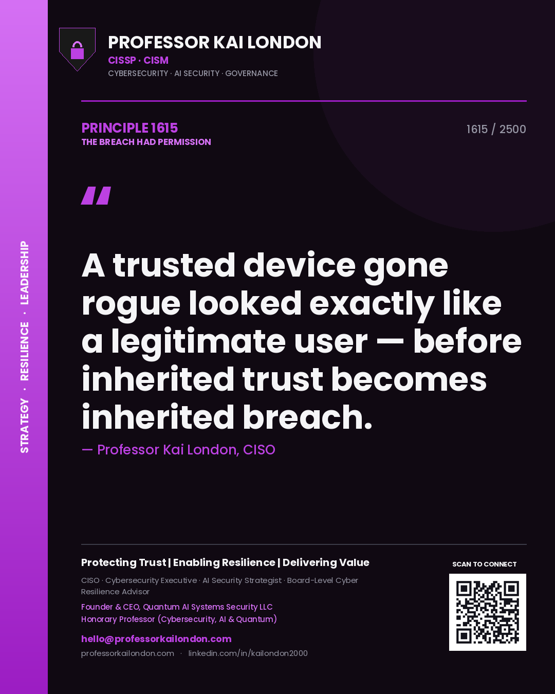 Quote card by Professor Kai London reading 'A trusted device gone rogue looked exactly like a legitimate user — before inherited trust becomes inherited breach.'. From the book The Breach Had Permission.