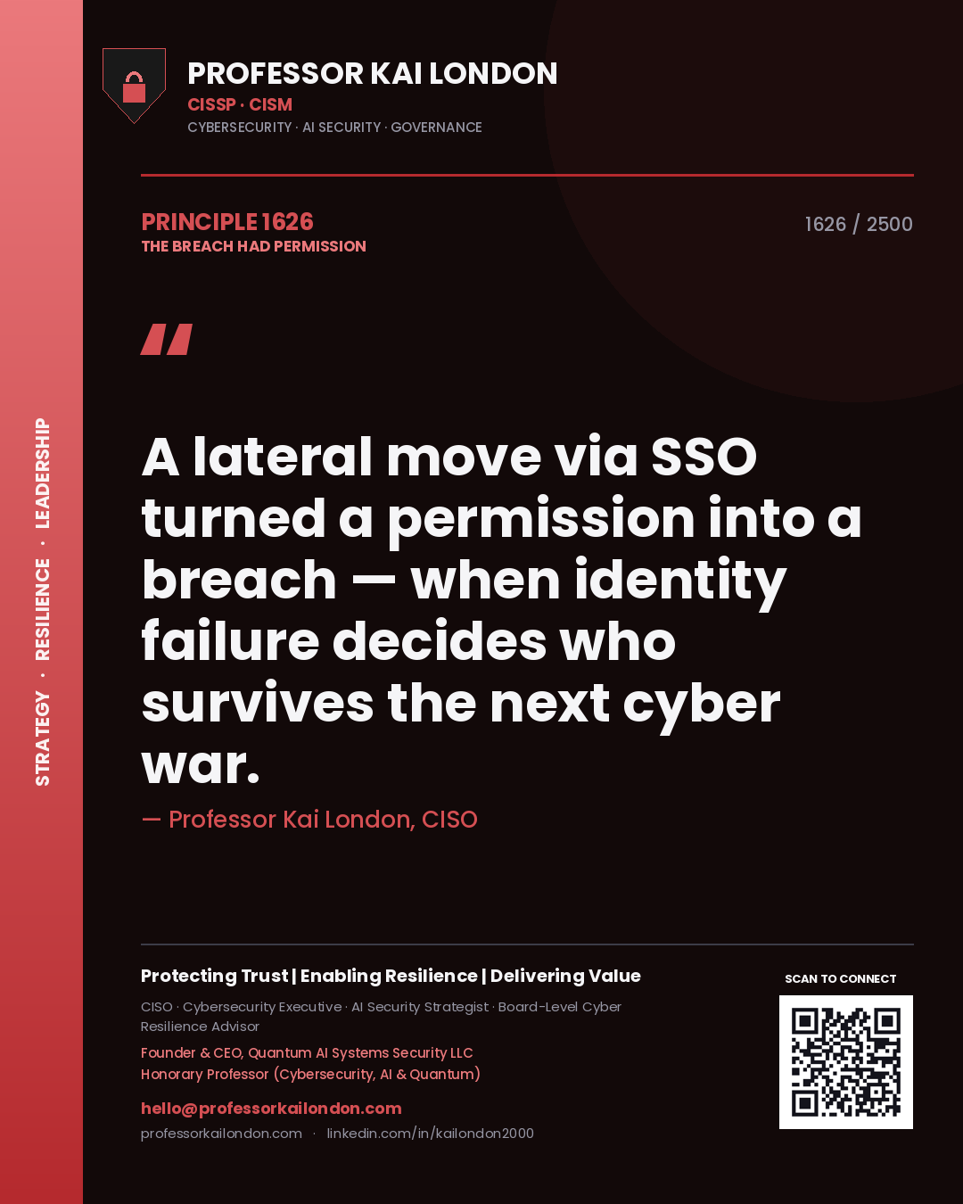 Professor Kai London principle 1626: A lateral move via SSO turned a permission into a breach — when identity failure decides who survives the next cyber war.