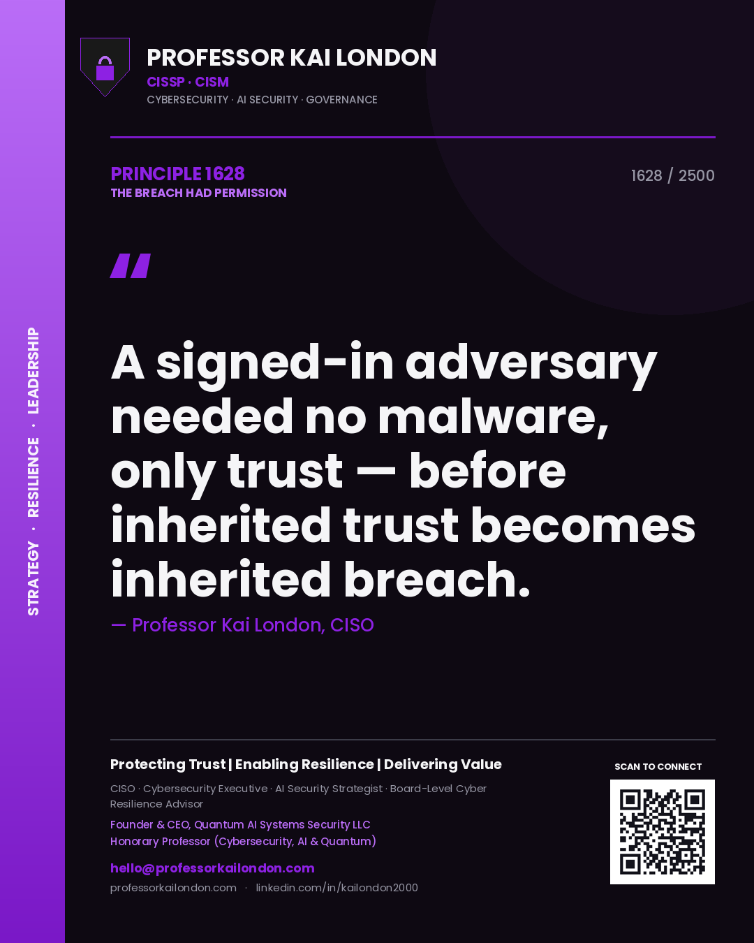 Quote card by Professor Kai London reading 'A signed-in adversary needed no malware, only trust — before inherited trust becomes inherited breach.'. From the book The Breach Had Permission.