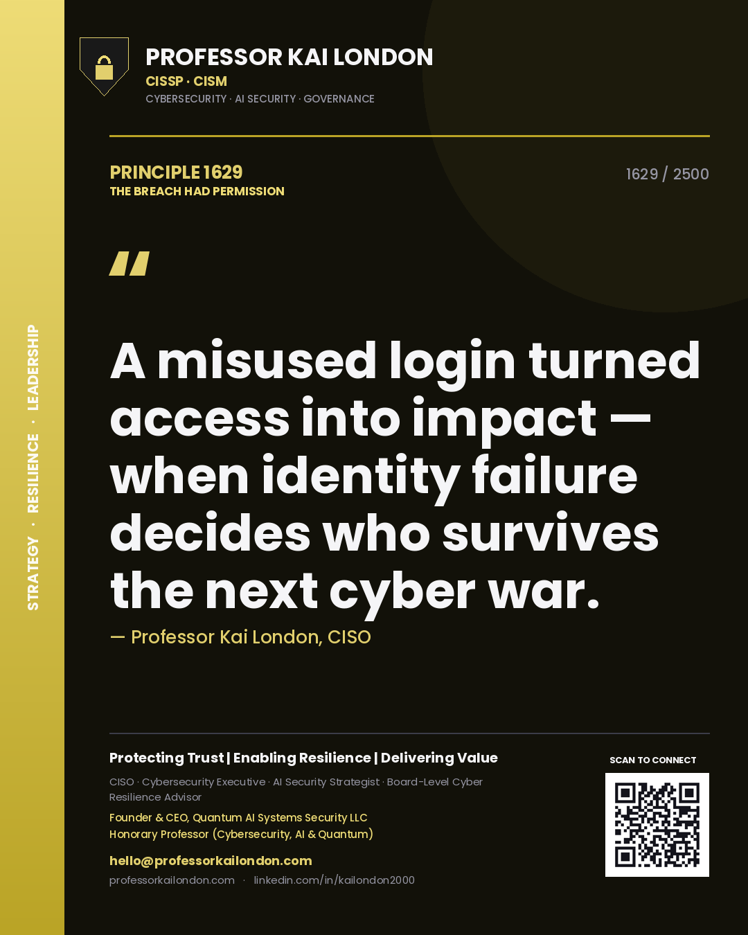 Professor Kai London principle 1629: A misused login turned access into impact — when identity failure decides who survives the next cyber war.