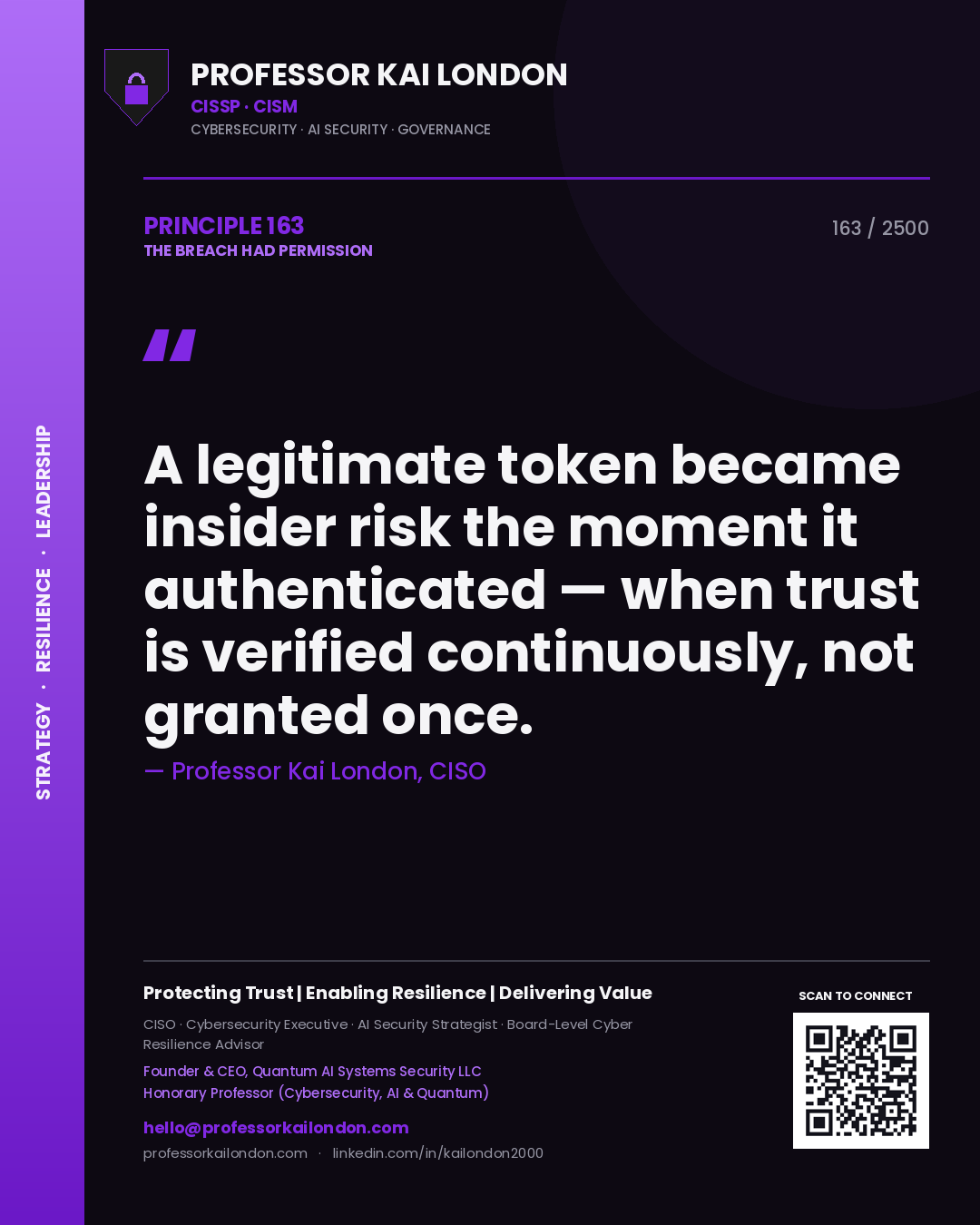 Quote card by Professor Kai London reading 'A legitimate token became insider risk the moment it authenticated — when trust is verified continuously, not granted once.'. From the book The Breach Had Permission.