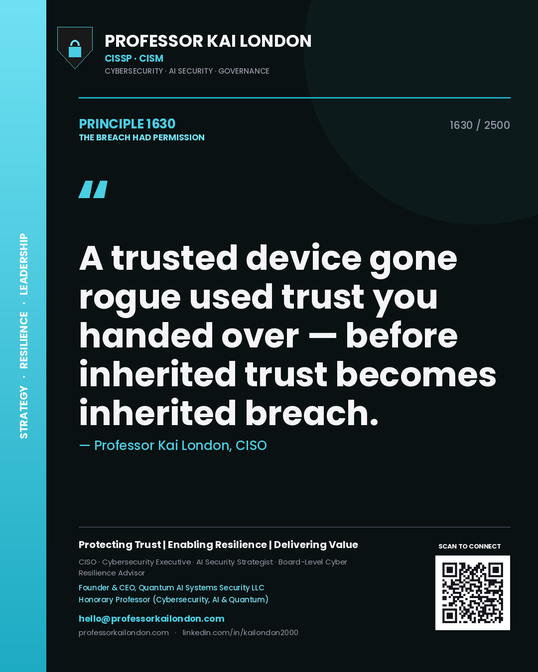 Quote card by Professor Kai London reading 'A trusted device gone rogue used trust you handed over — before inherited trust becomes inherited breach.'. From the book The Breach Had Permission.