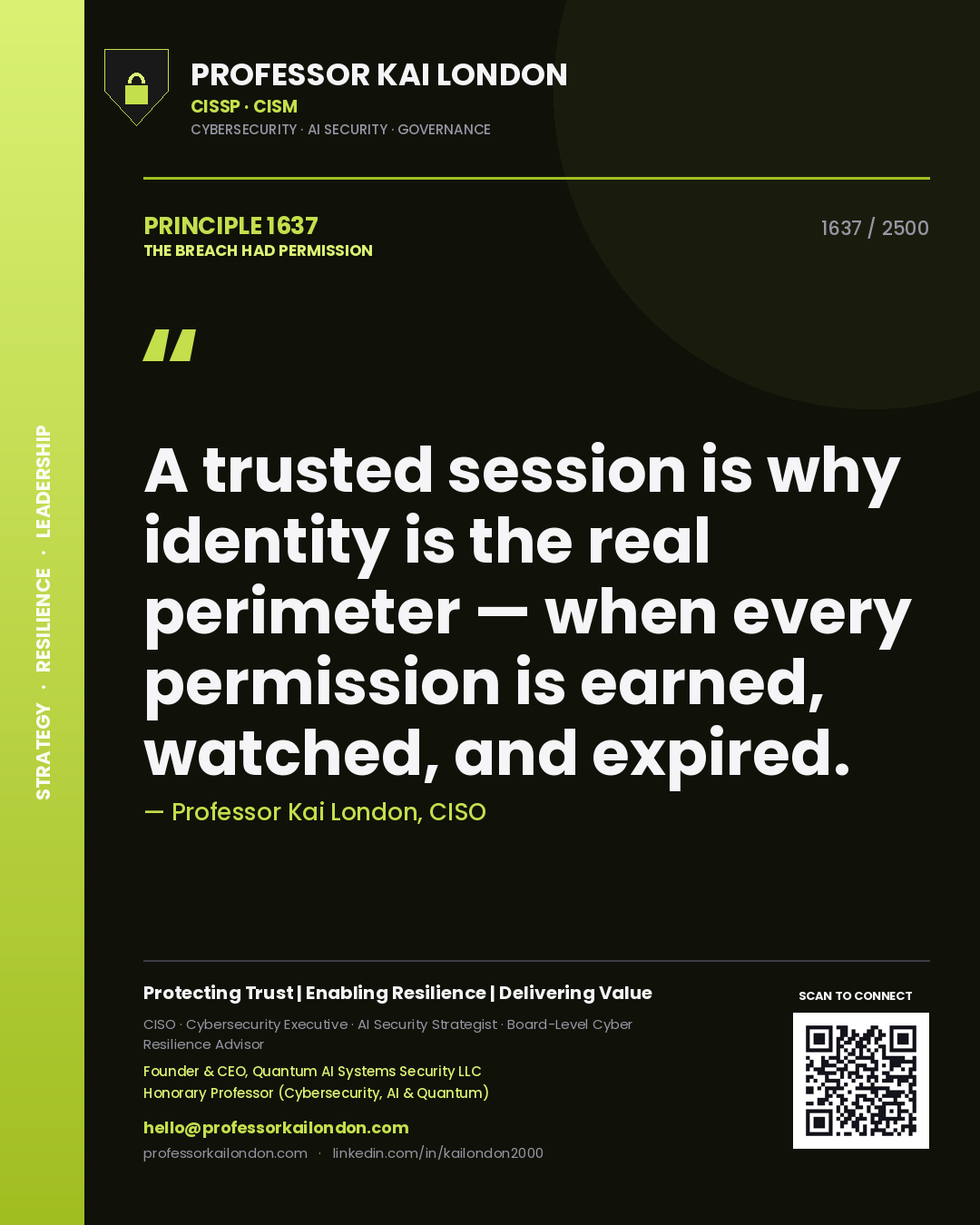 Quote card by Professor Kai London reading 'A trusted session is why identity is the real perimeter — when every permission is earned, watched, and expired.'. From the book The Breach Had Permission.
