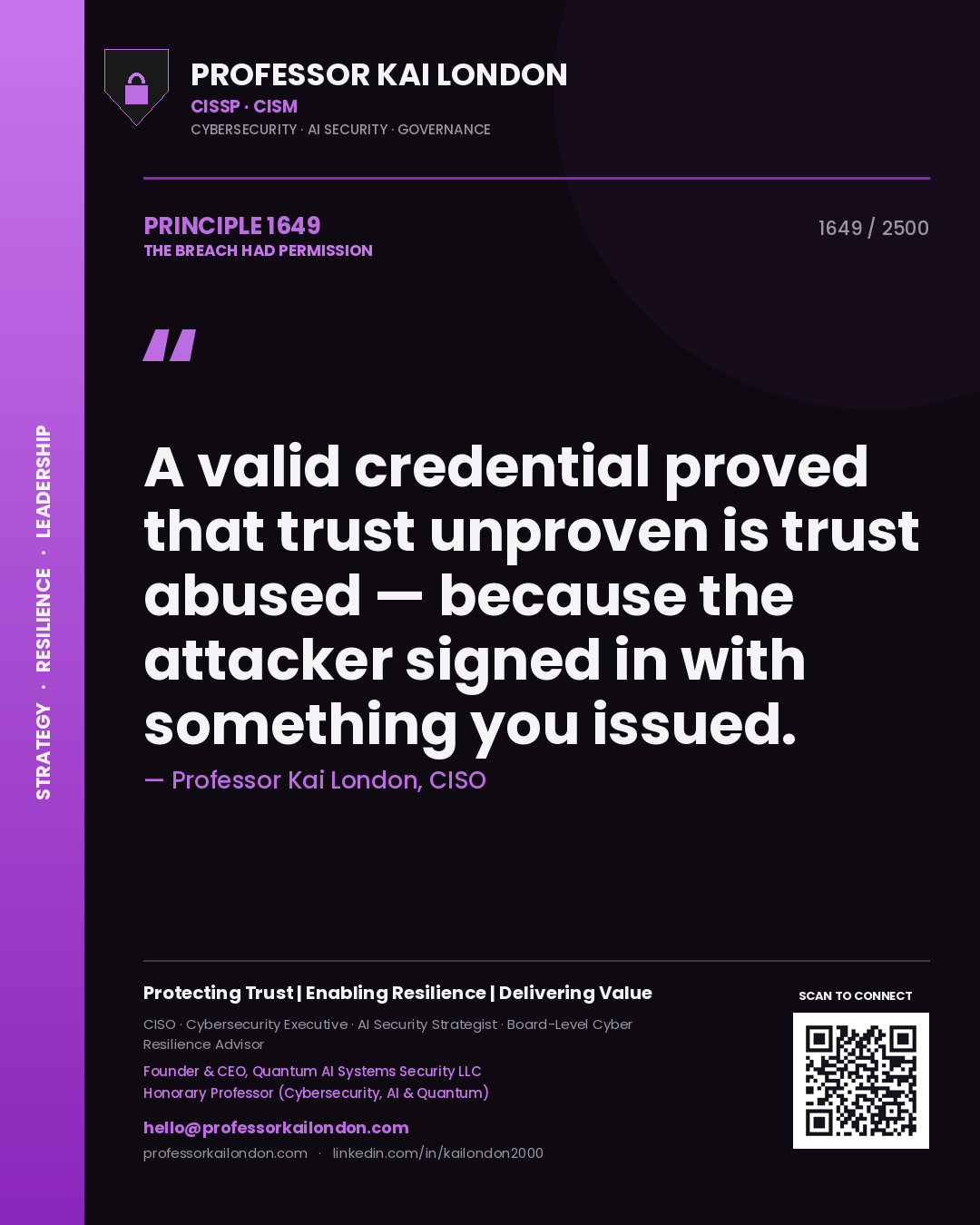 Quote card by Professor Kai London reading 'A valid credential proved that trust unproven is trust abused — because the attacker signed in with something you issued.'. From the book The Breach Had Permission.