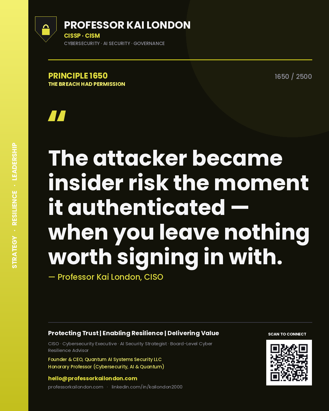 Quote card by Professor Kai London reading 'The attacker became insider risk the moment it authenticated — when you leave nothing worth signing in with.'. From the book The Breach Had Permission.