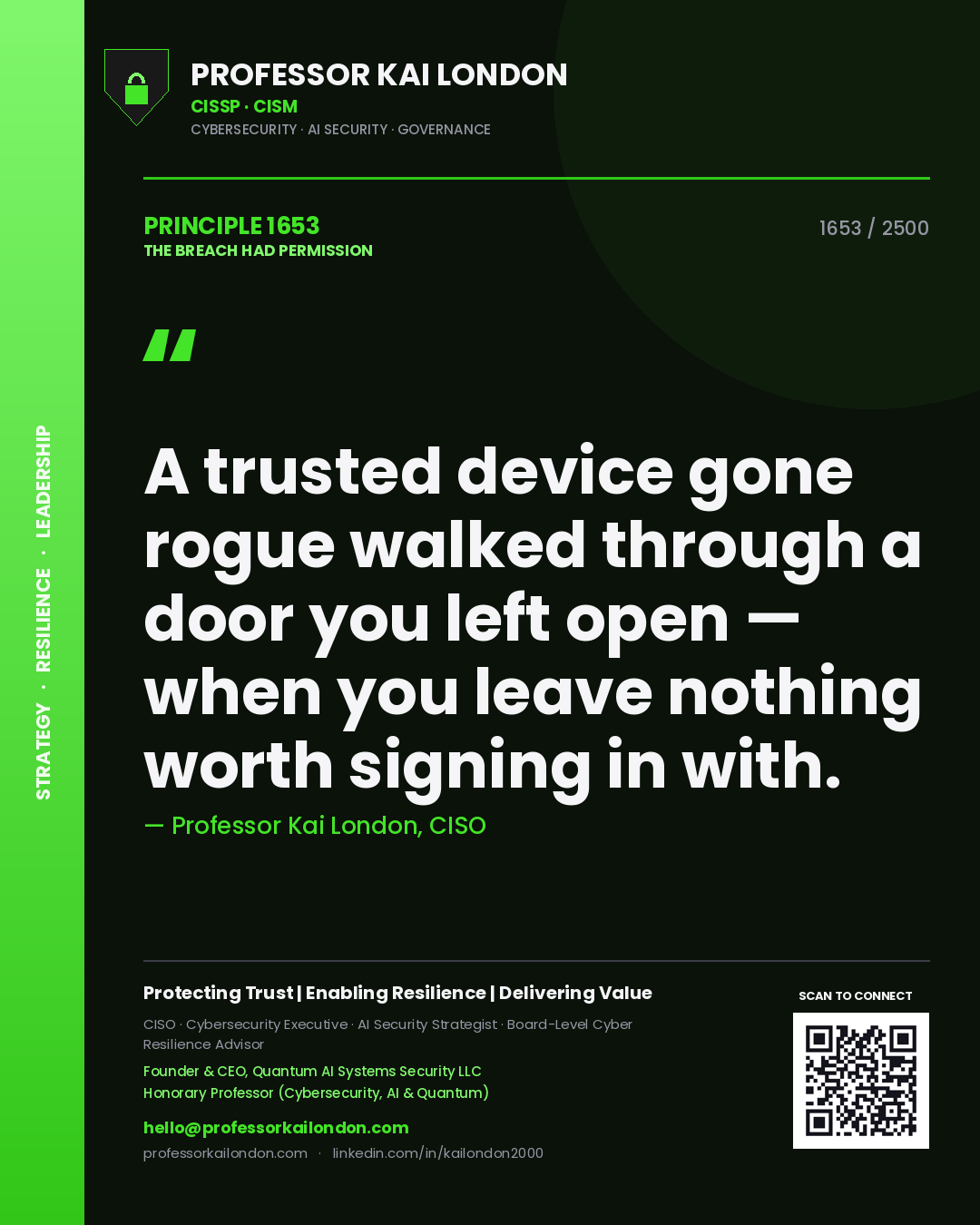 Professor Kai London principle 1653: A trusted device gone rogue walked through a door you left open — when you leave nothing worth signing in with.