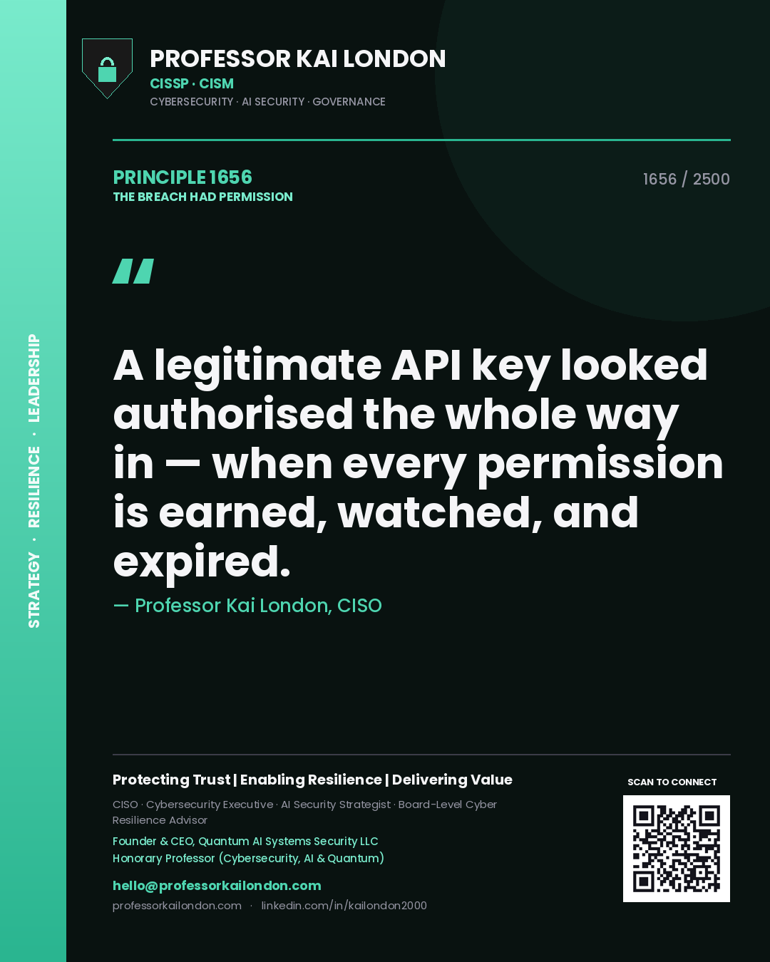 Quote card by Professor Kai London reading 'A legitimate API key looked authorised the whole way in — when every permission is earned, watched, and expired.'. From the book The Breach Had Permission.