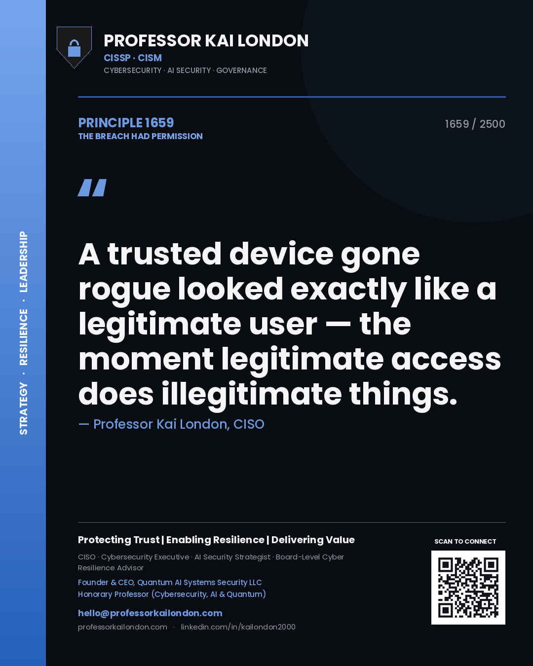 Quote card by Professor Kai London reading 'A trusted device gone rogue looked exactly like a legitimate user — the moment legitimate access does illegitimate things.'. From the book The Breach Had Permission.