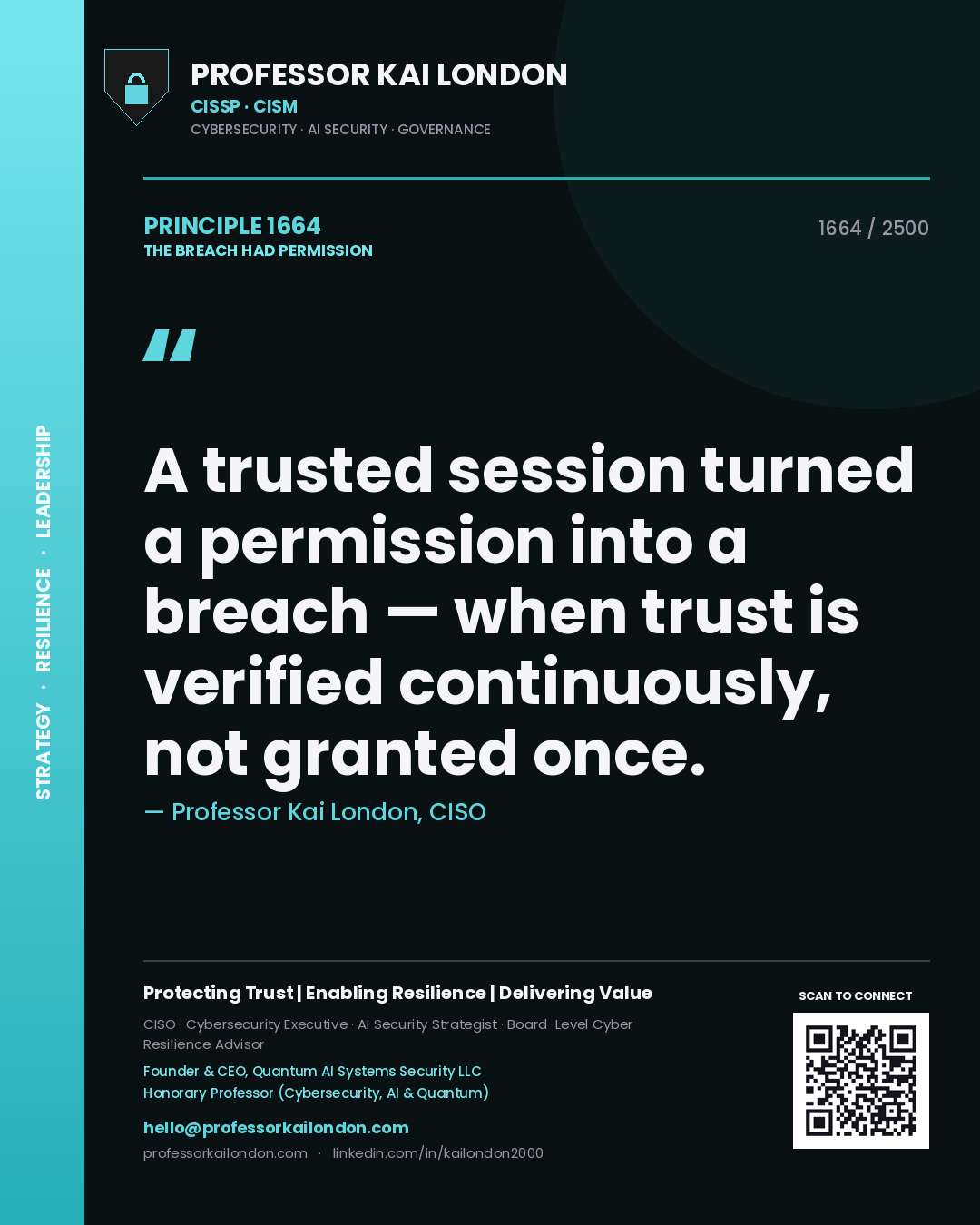 Professor Kai London principle 1664: A trusted session turned a permission into a breach — when trust is verified continuously, not granted once.