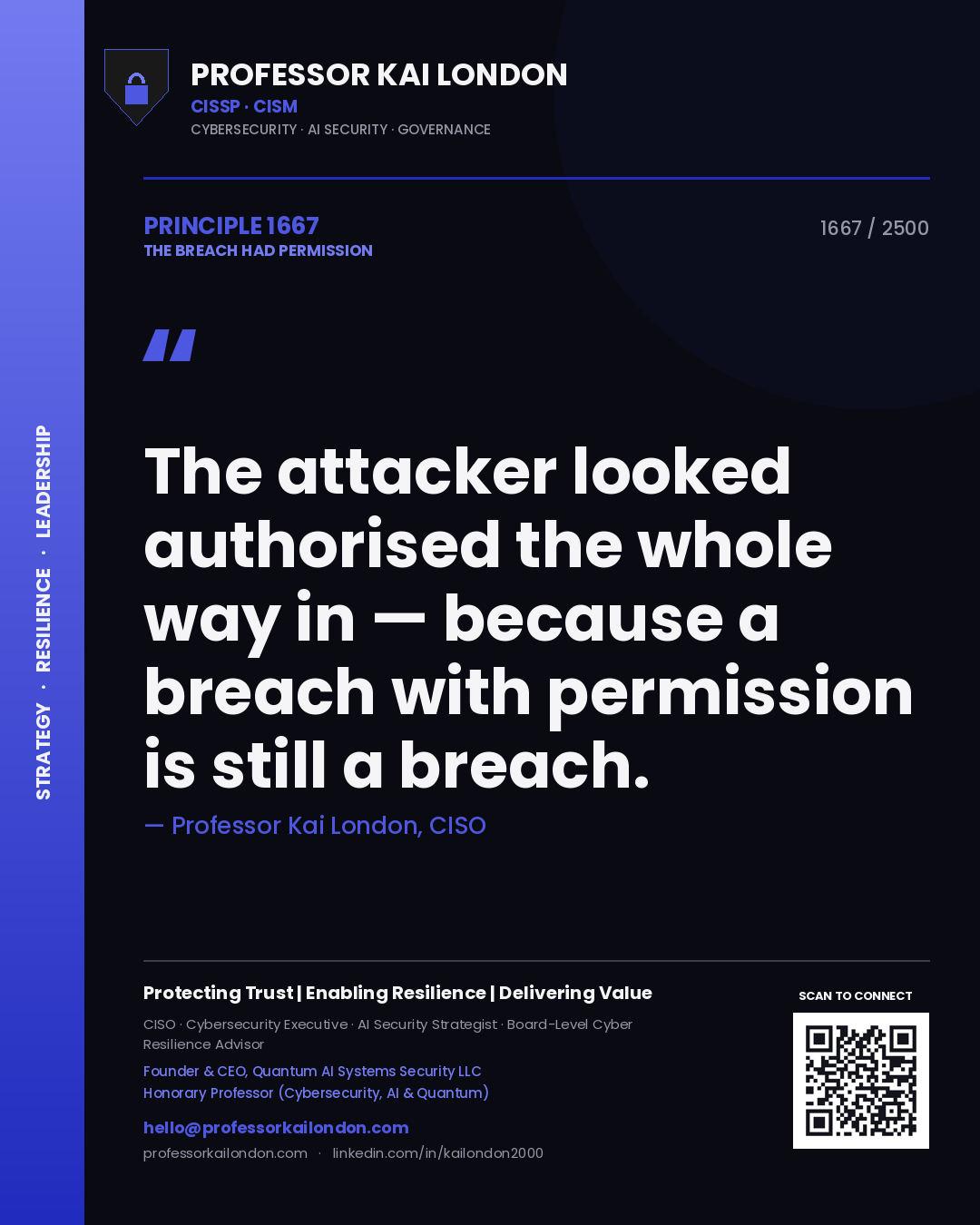 Quote card by Professor Kai London reading 'The attacker looked authorised the whole way in — because a breach with permission is still a breach.'. From the book The Breach Had Permission.