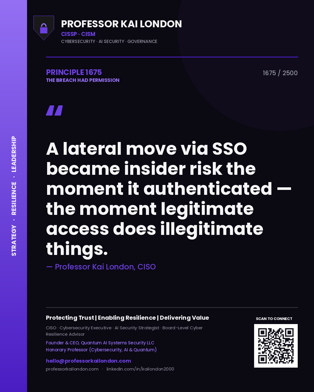 Quote card by Professor Kai London reading 'A lateral move via SSO became insider risk the moment it authenticated — the moment legitimate access does illegitimate things.'. From the book The Breach Had Permission.