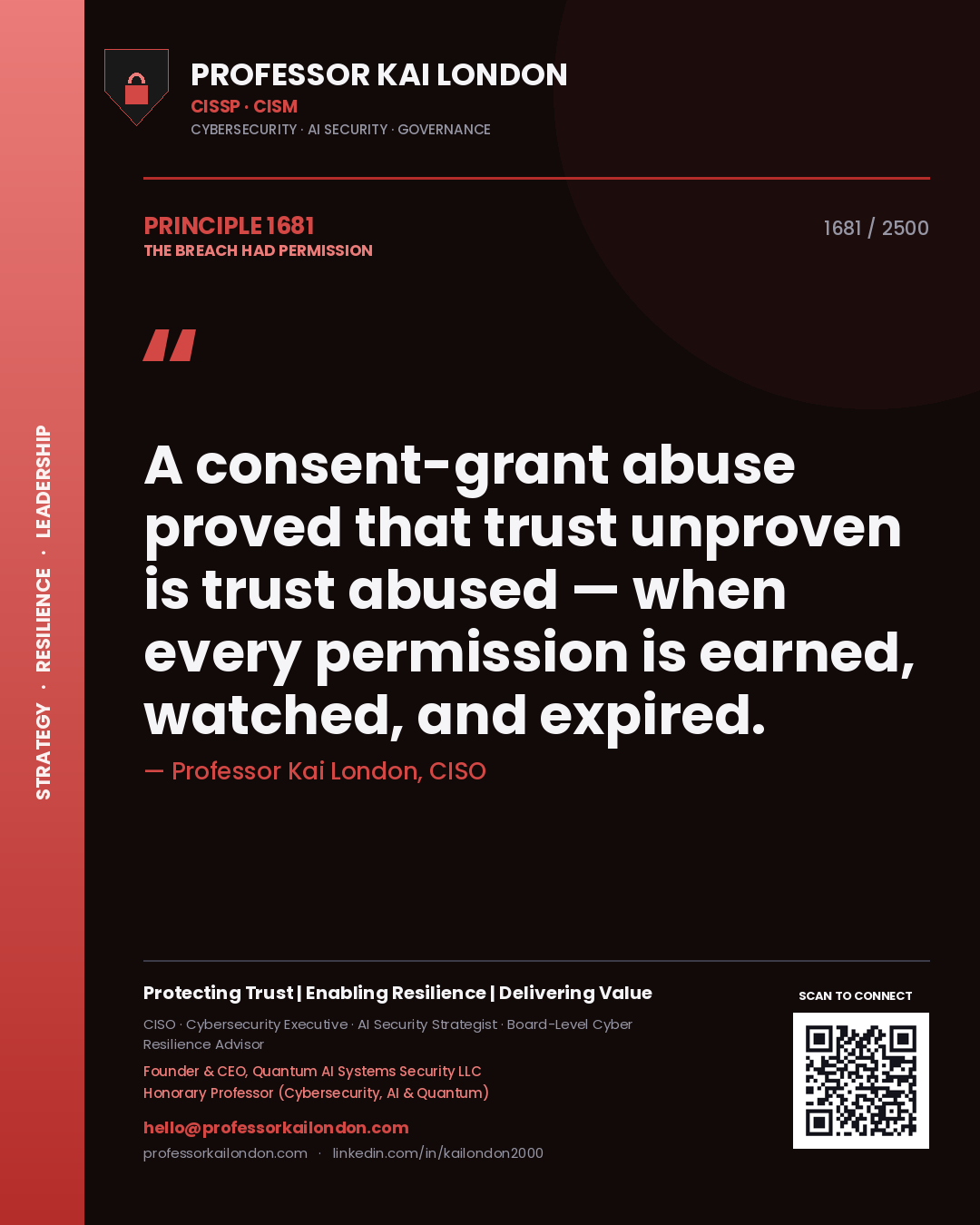 Professor Kai London principle 1681: A consent-grant abuse proved that trust unproven is trust abused — when every permission is earned, watched, and expired.