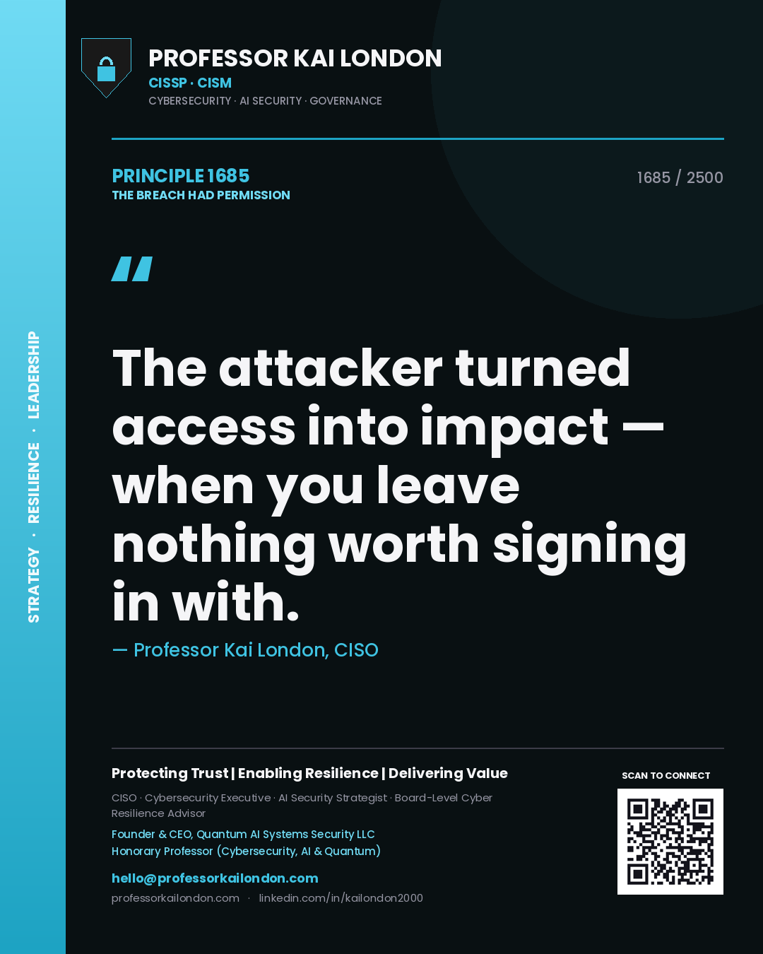 Quote card by Professor Kai London reading 'The attacker turned access into impact — when you leave nothing worth signing in with.'. From the book The Breach Had Permission.
