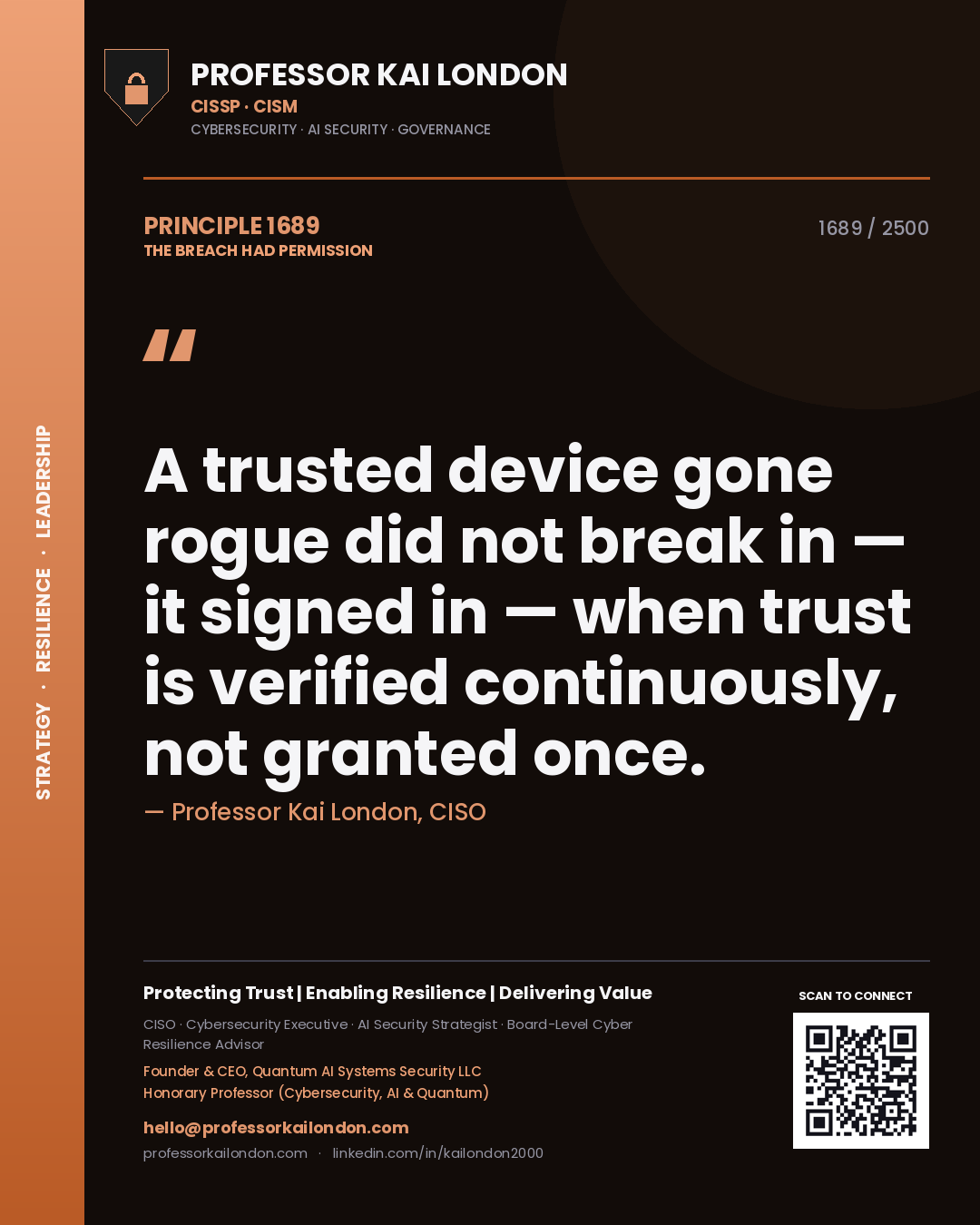 Quote card by Professor Kai London reading 'A trusted device gone rogue did not break in — it signed in — when trust is verified continuously, not granted once.'. From the book The Breach Had Permission.