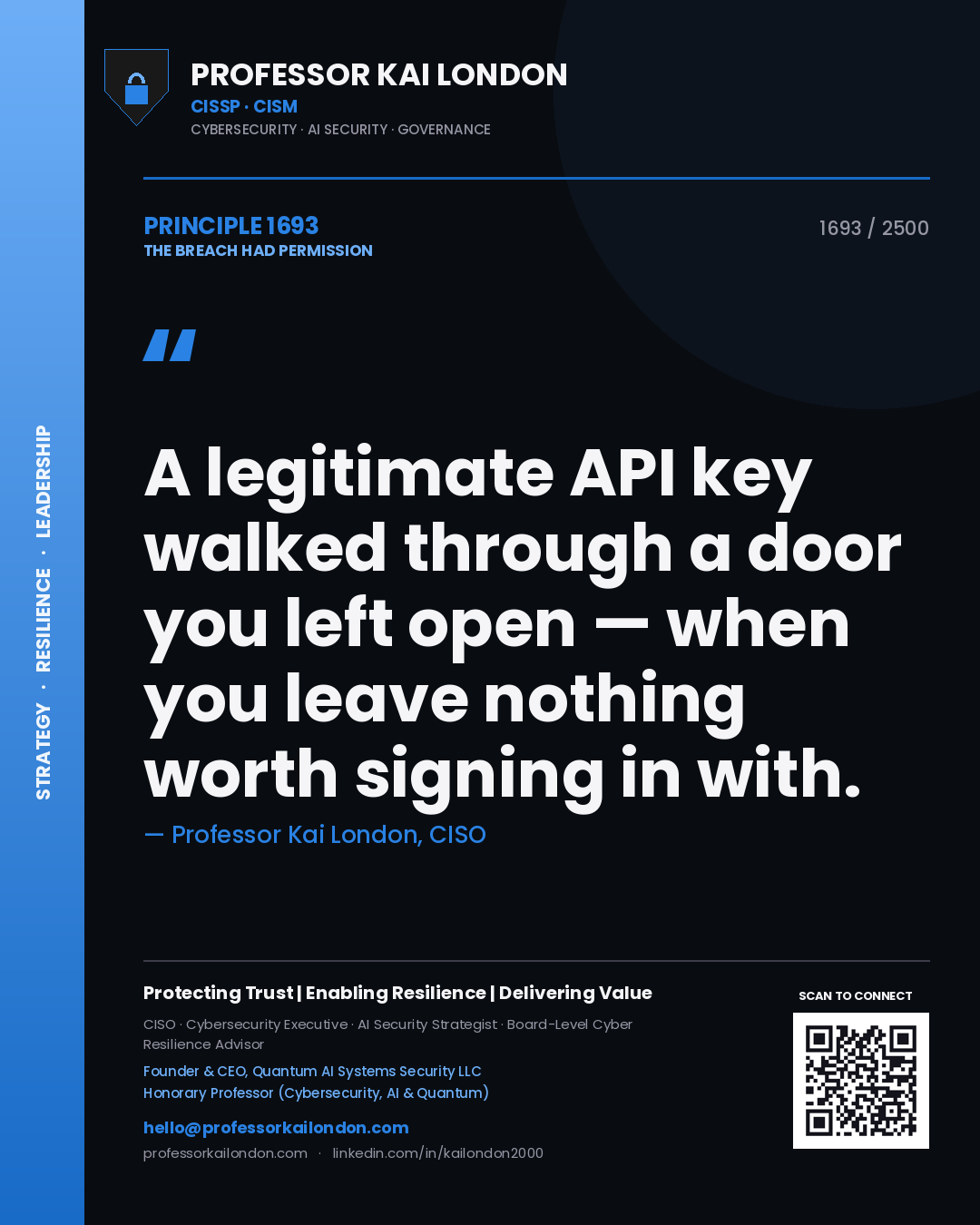 Quote card by Professor Kai London reading 'A legitimate API key walked through a door you left open — when you leave nothing worth signing in with.'. From the book The Breach Had Permission.