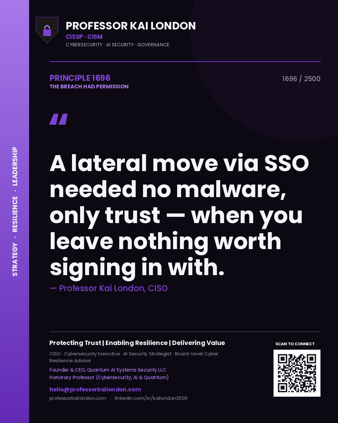 Quote card by Professor Kai London reading 'A lateral move via SSO needed no malware, only trust — when you leave nothing worth signing in with.'. From the book The Breach Had Permission.