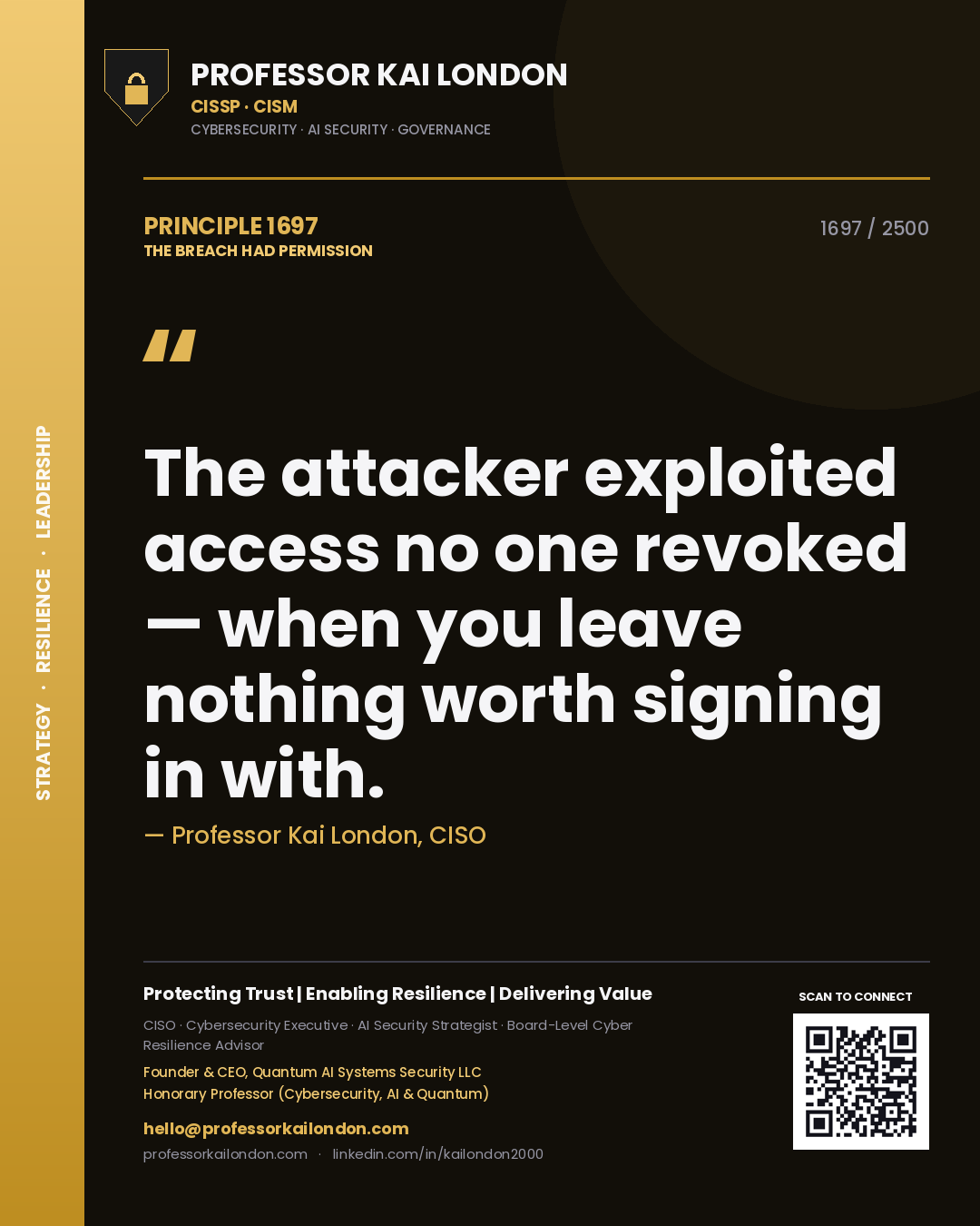 Quote card by Professor Kai London reading 'The attacker exploited access no one revoked — when you leave nothing worth signing in with.'. From the book The Breach Had Permission.