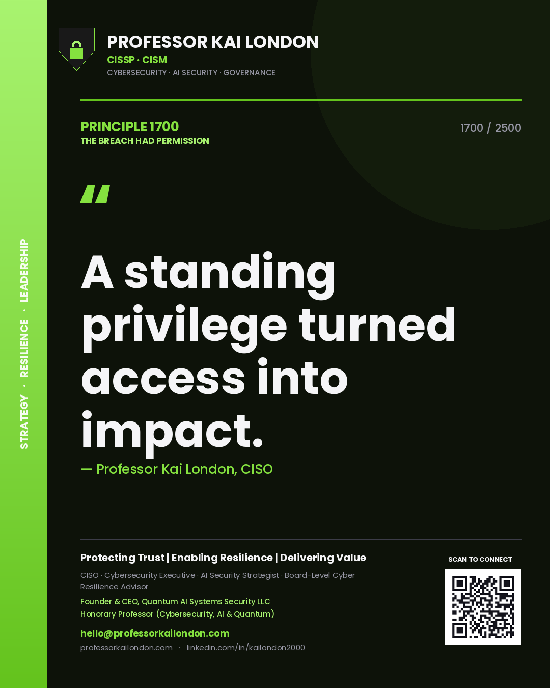 Quote card by Professor Kai London reading 'A standing privilege turned access into impact.'. From the book The Breach Had Permission.