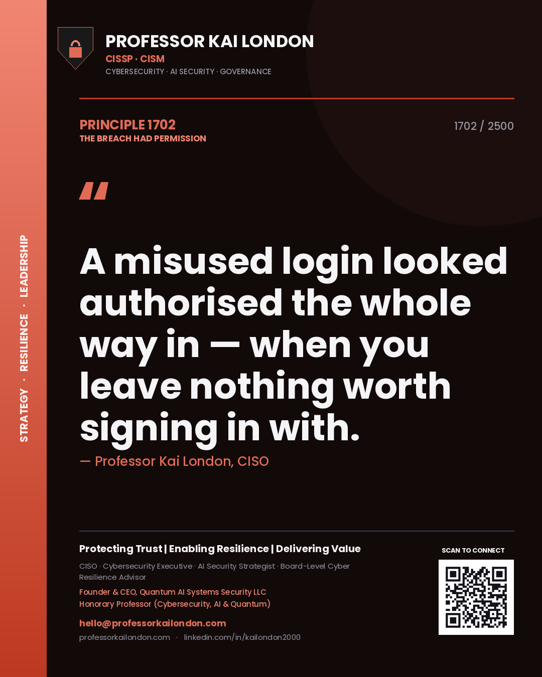 Quote card by Professor Kai London reading 'A misused login looked authorised the whole way in — when you leave nothing worth signing in with.'. From the book The Breach Had Permission.