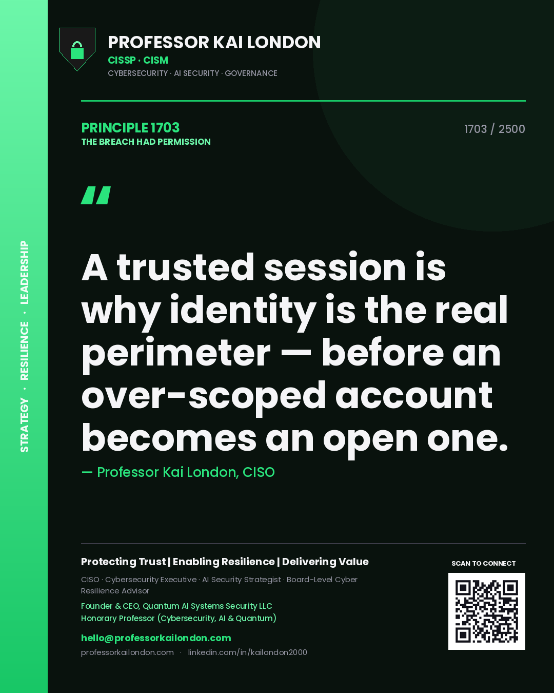 Quote card by Professor Kai London reading 'A trusted session is why identity is the real perimeter — before an over-scoped account becomes an open one.'. From the book The Breach Had Permission.
