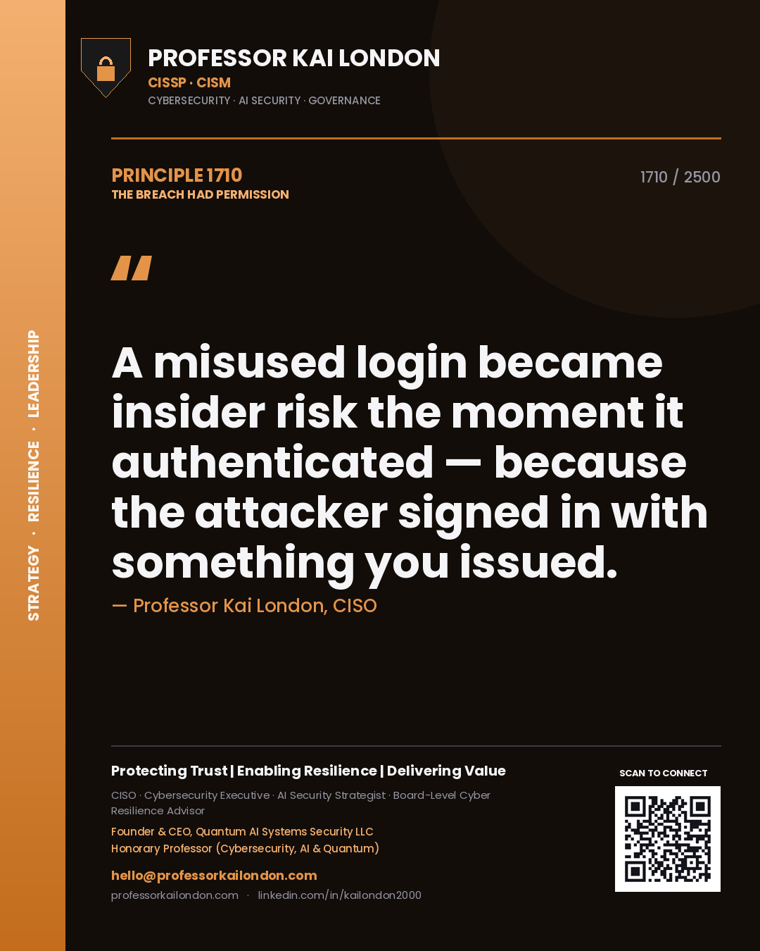 Quote card by Professor Kai London reading 'A misused login became insider risk the moment it authenticated — because the attacker signed in with something you issued.'. From the book The Breach Had Permission.
