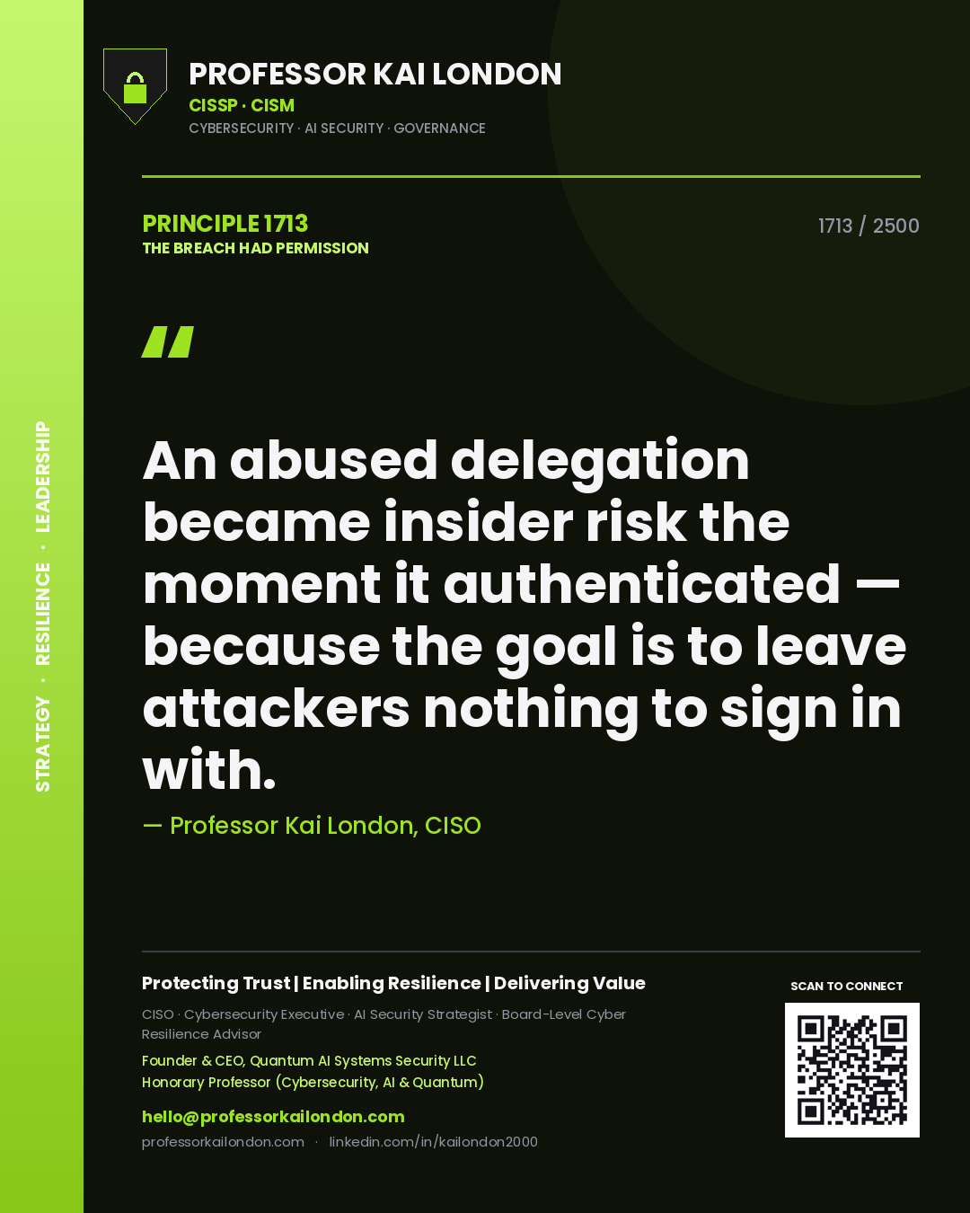 Professor Kai London principle 1713: An abused delegation became insider risk the moment it authenticated — because the goal is to leave attackers nothing to sign in with.