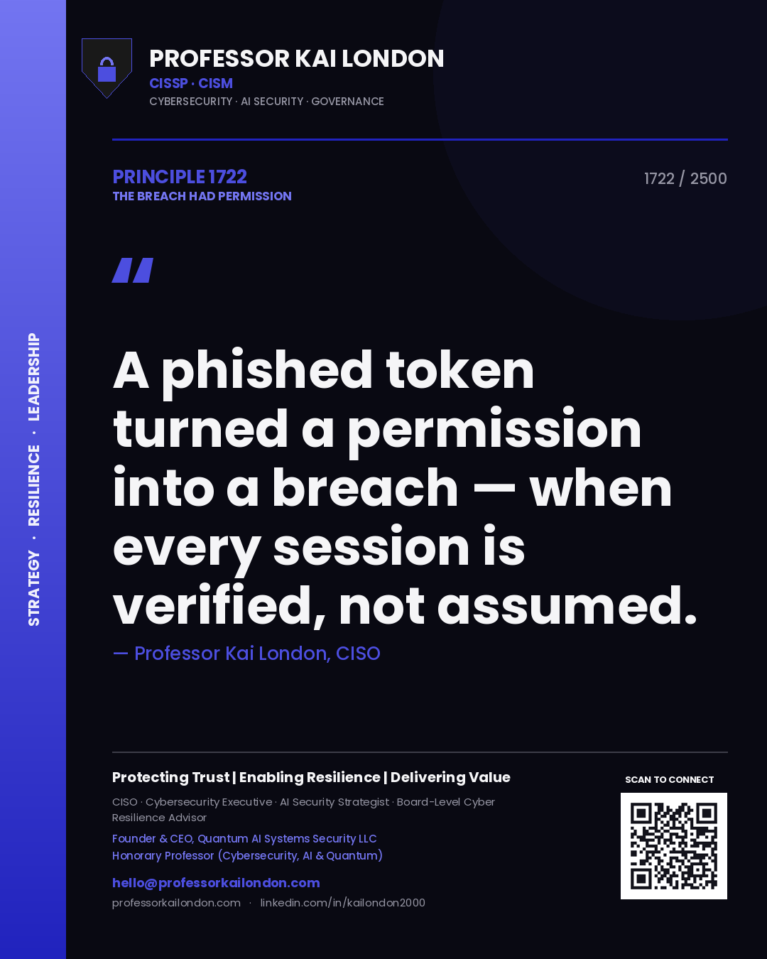 Quote card by Professor Kai London reading 'A phished token turned a permission into a breach — when every session is verified, not assumed.'. From the book The Breach Had Permission.