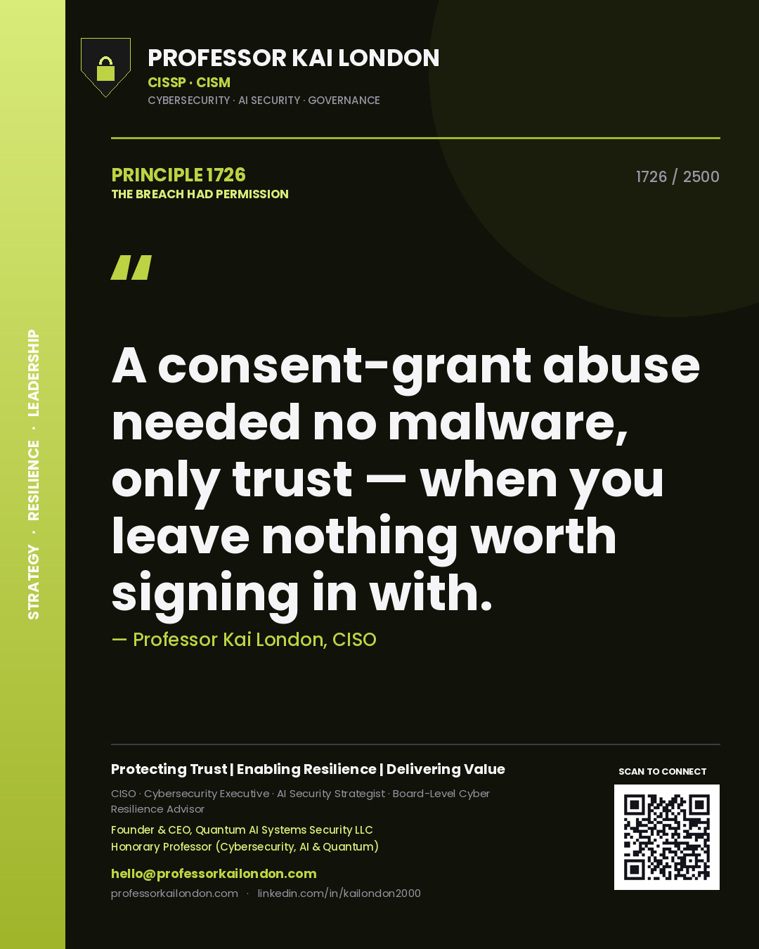 Professor Kai London principle 1726: A consent-grant abuse needed no malware, only trust — when you leave nothing worth signing in with.
