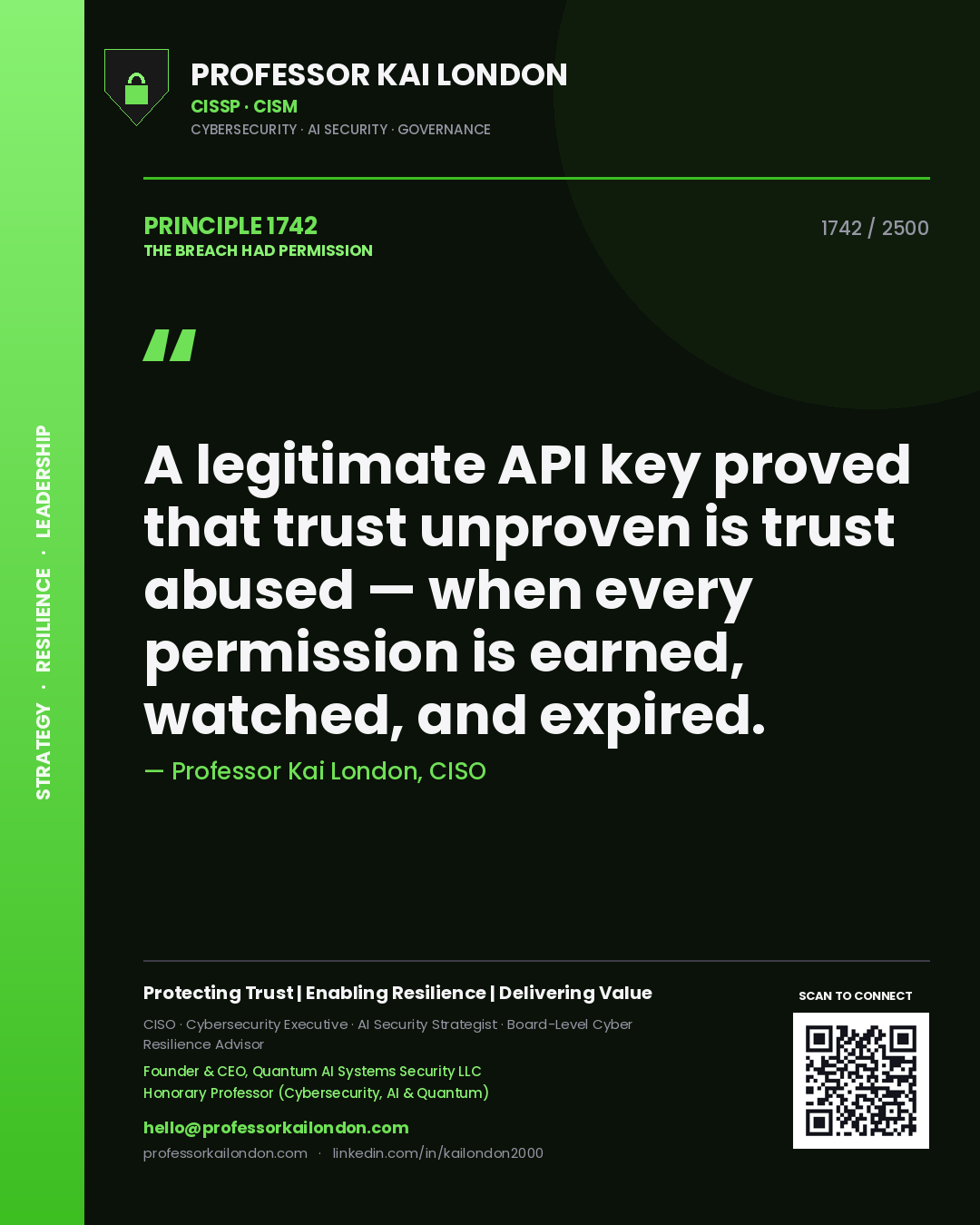 Quote card by Professor Kai London reading 'A legitimate API key proved that trust unproven is trust abused — when every permission is earned, watched, and expired.'. From the book The Breach Had Permission.