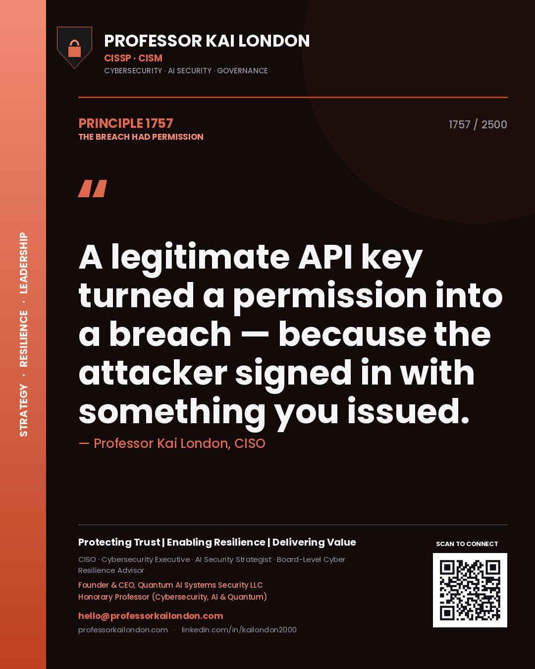 Quote card by Professor Kai London reading 'A legitimate API key turned a permission into a breach — because the attacker signed in with something you issued.'. From the book The Breach Had Permission.