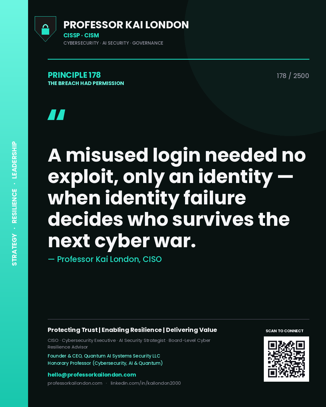 Professor Kai London principle 178: A misused login needed no exploit, only an identity — when identity failure decides who survives the next cyber war.