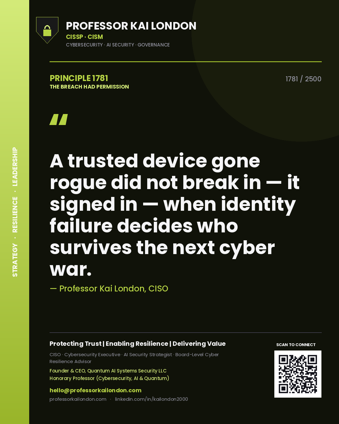 Professor Kai London principle 1781: A trusted device gone rogue did not break in — it signed in — when identity failure decides who survives the next cyber war.