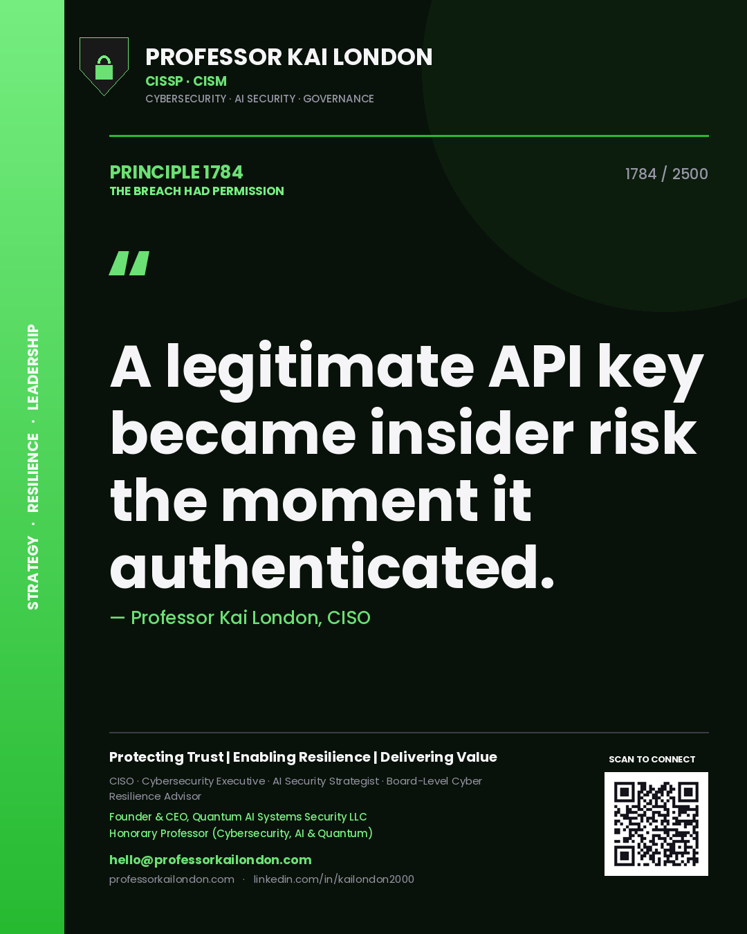 Quote card by Professor Kai London reading 'A legitimate API key became insider risk the moment it authenticated.'. From the book The Breach Had Permission.