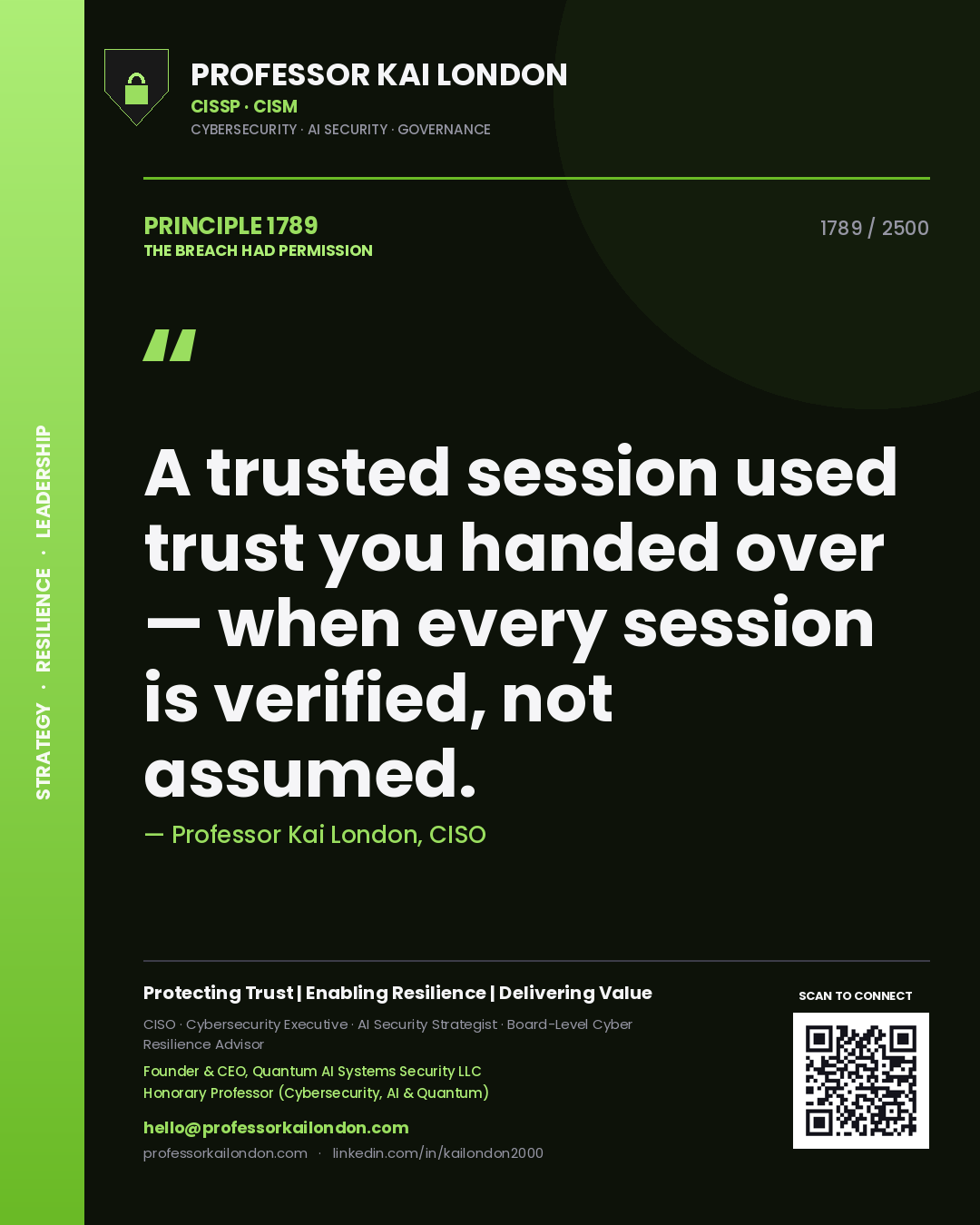 Professor Kai London principle 1789: A trusted session used trust you handed over — when every session is verified, not assumed.