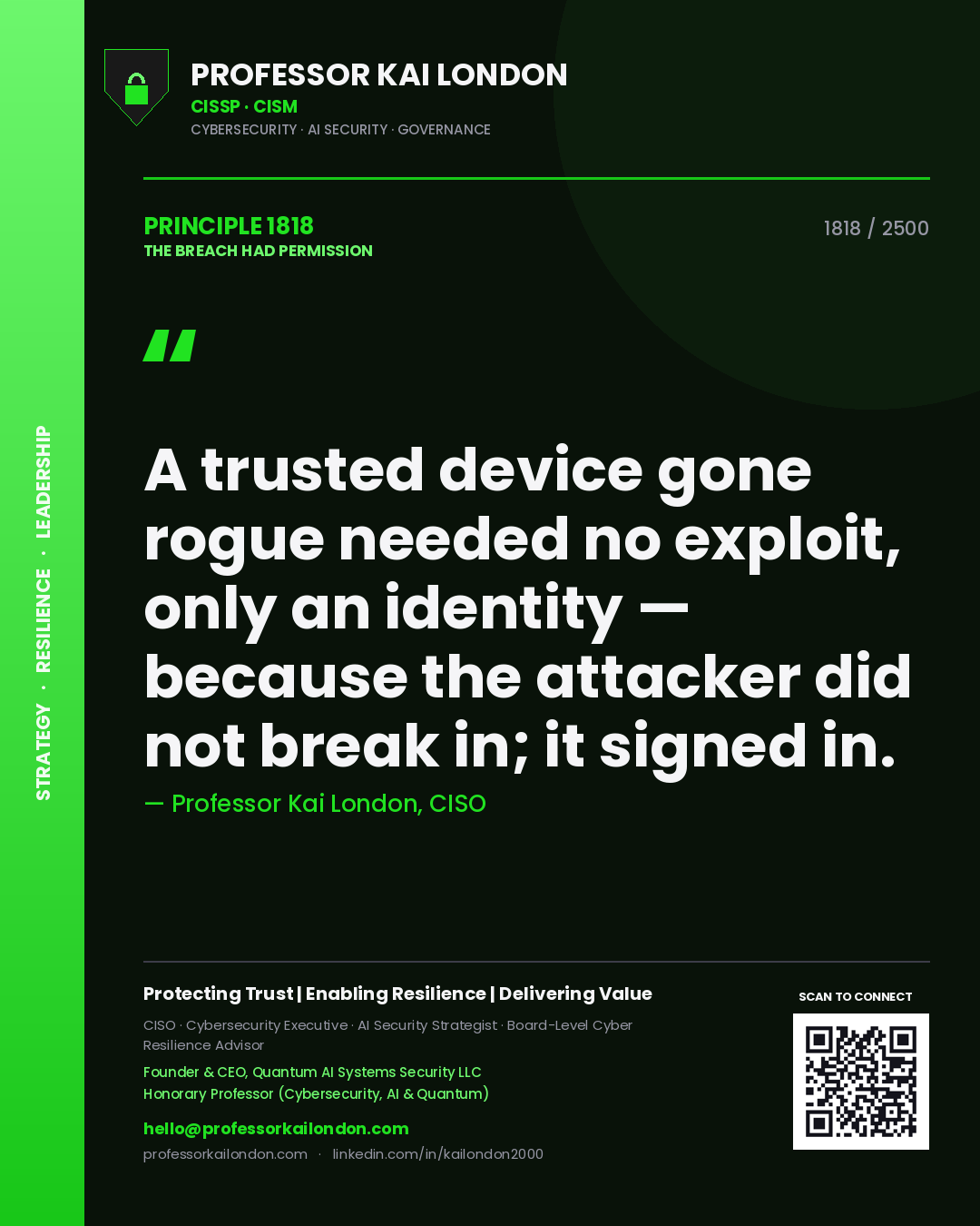 Quote card by Professor Kai London reading 'A trusted device gone rogue needed no exploit, only an identity — because the attacker did not break in; it signed in.'. From the book The Breach Had Permission.