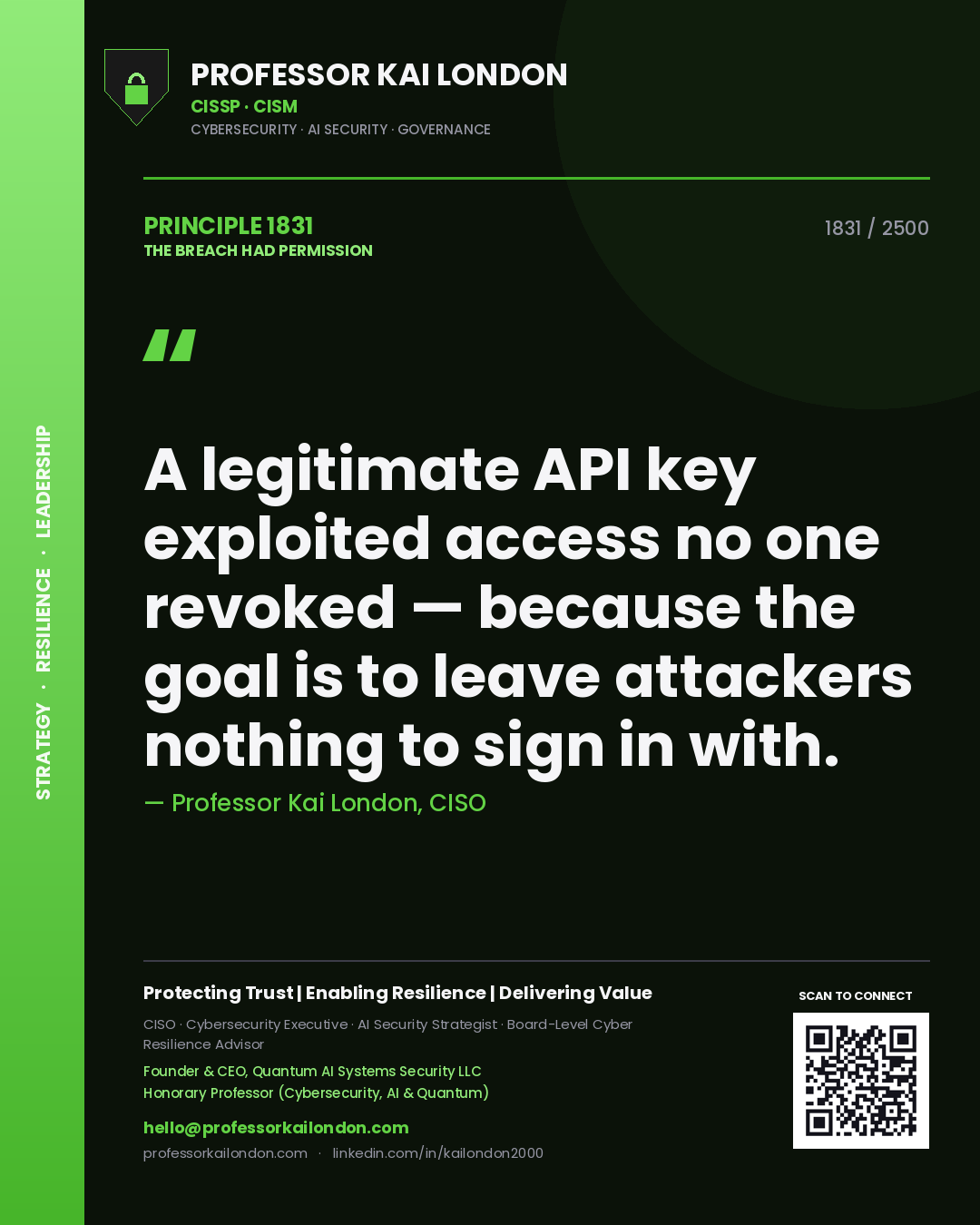 Professor Kai London principle 1831: A legitimate API key exploited access no one revoked — because the goal is to leave attackers nothing to sign in with.