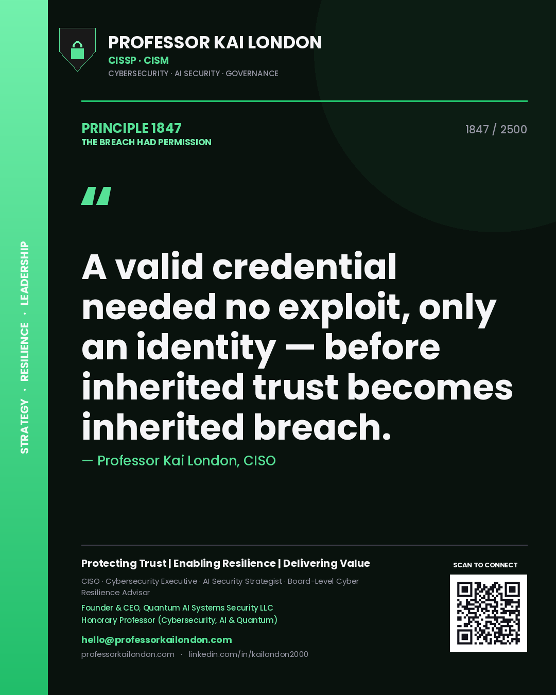 Professor Kai London principle 1847: A valid credential needed no exploit, only an identity — before inherited trust becomes inherited breach.