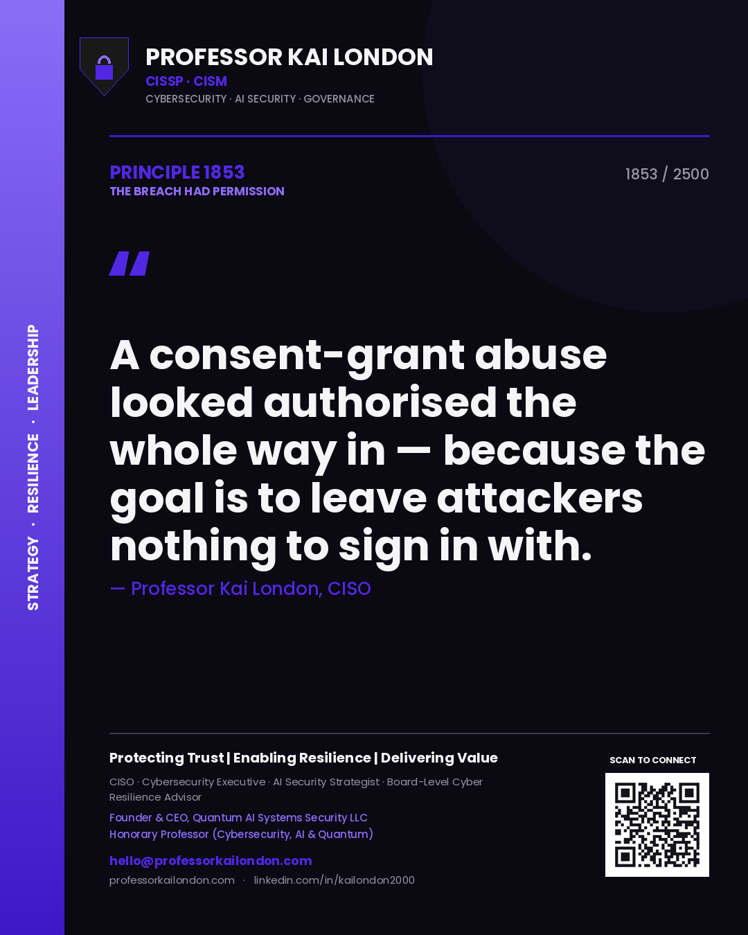 Professor Kai London principle 1853: A consent-grant abuse looked authorised the whole way in — because the goal is to leave attackers nothing to sign in with.