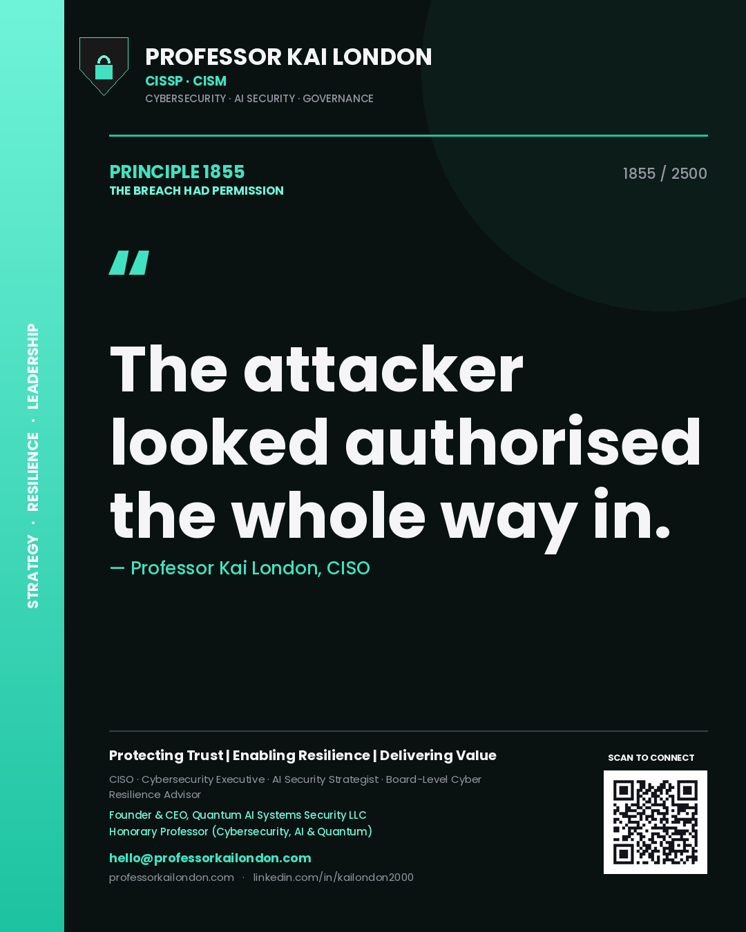 Quote card by Professor Kai London reading 'The attacker looked authorised the whole way in.'. From the book The Breach Had Permission.