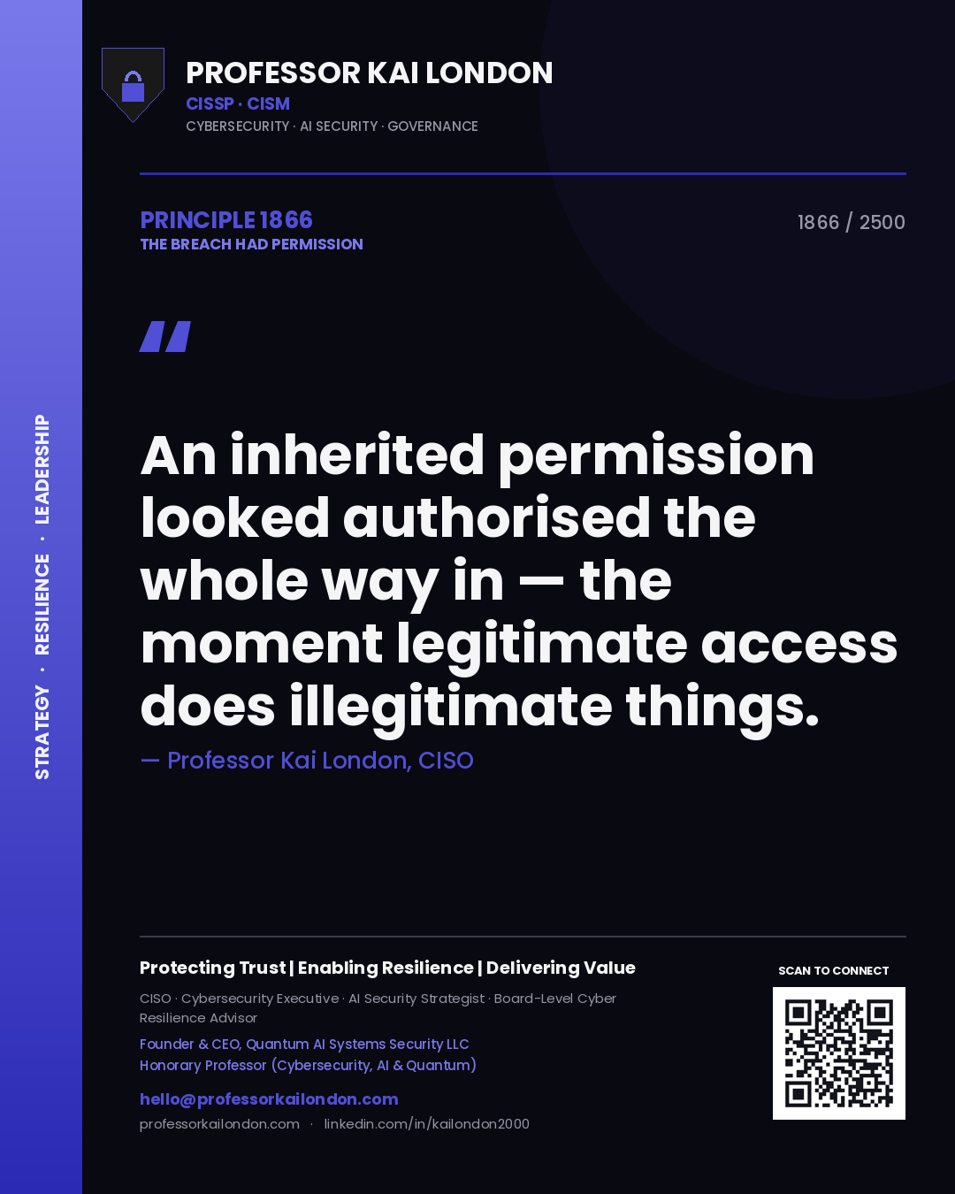 Quote card by Professor Kai London reading 'An inherited permission looked authorised the whole way in — the moment legitimate access does illegitimate things.'. From the book The Breach Had Permission.