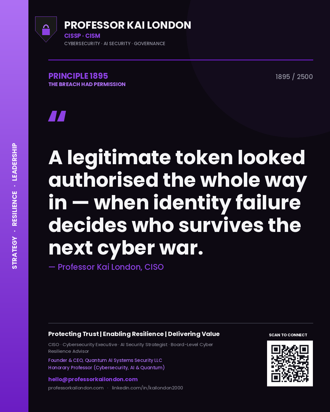 Quote card by Professor Kai London reading 'A legitimate token looked authorised the whole way in — when identity failure decides who survives the next cyber war.'. From the book The Breach Had Permission.