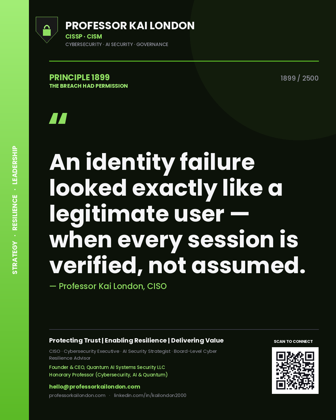 Professor Kai London principle 1899: An identity failure looked exactly like a legitimate user — when every session is verified, not assumed.