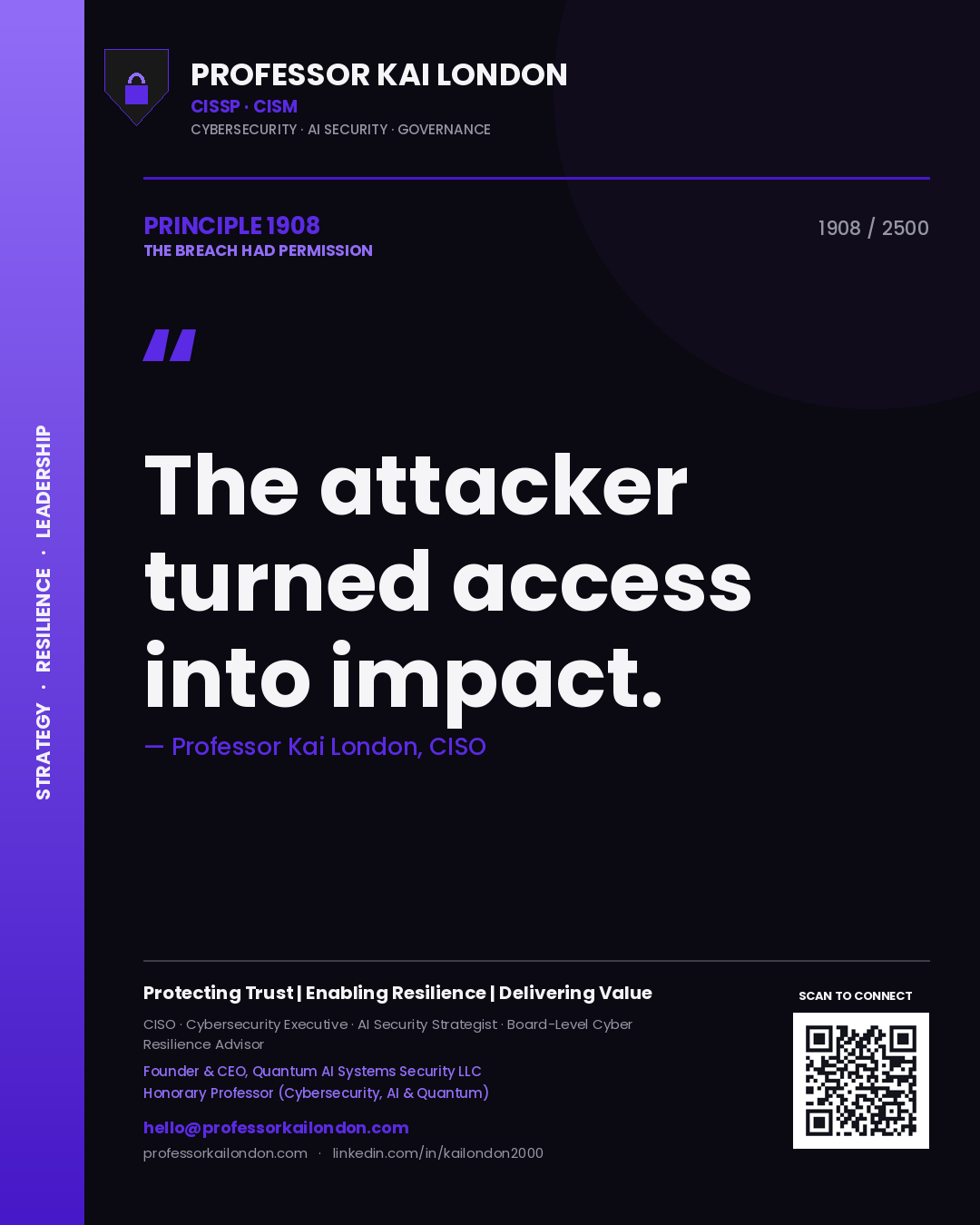 Quote card by Professor Kai London reading 'The attacker turned access into impact.'. From the book The Breach Had Permission.