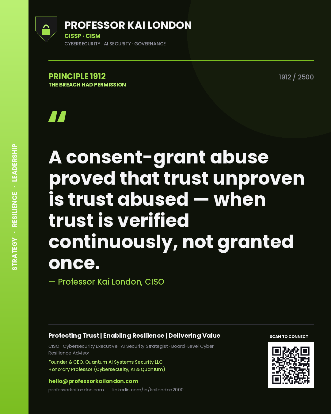 Quote card by Professor Kai London reading 'A consent-grant abuse proved that trust unproven is trust abused — when trust is verified continuously, not granted once.'. From the book The Breach Had Permission.